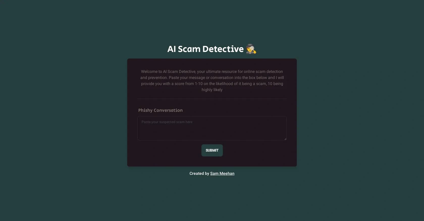 AI Scam Detective homepage screenshot — Detect online scams with AI precision.
