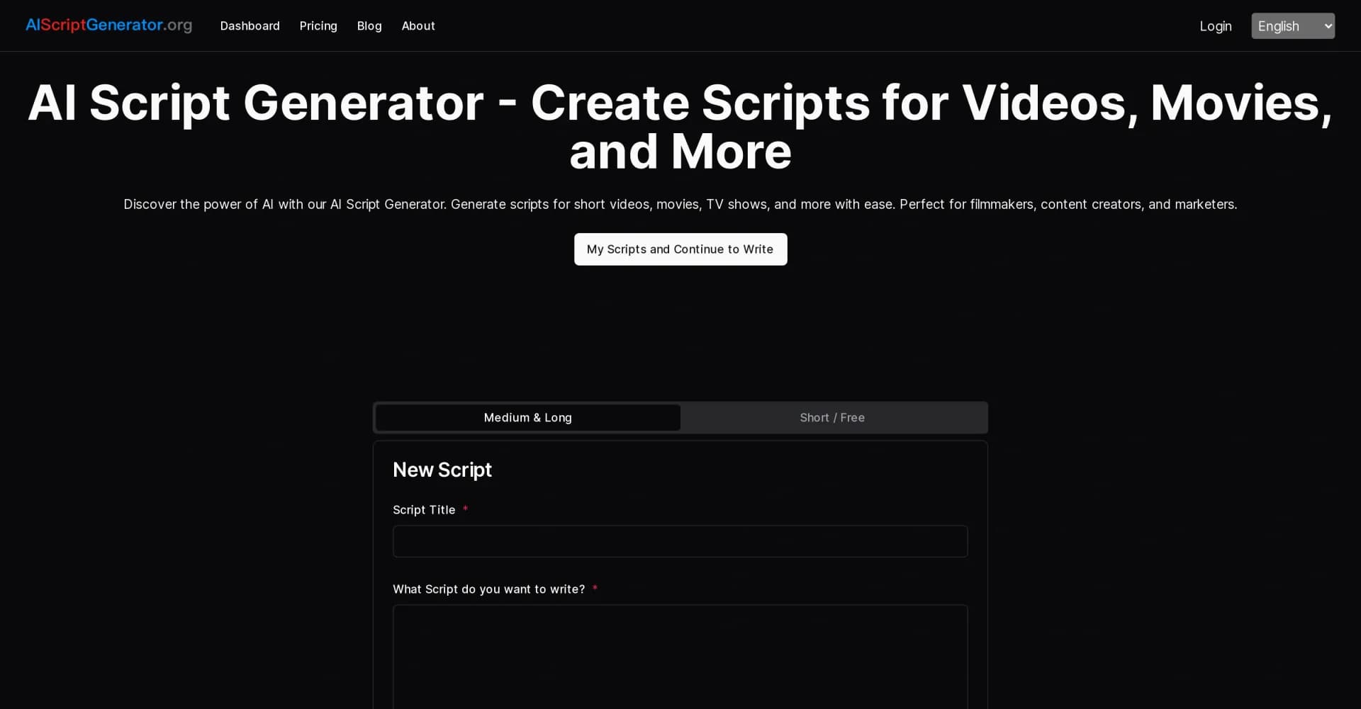 AI Script Generator homepage screenshot — Create scripts for videos and movies with AI