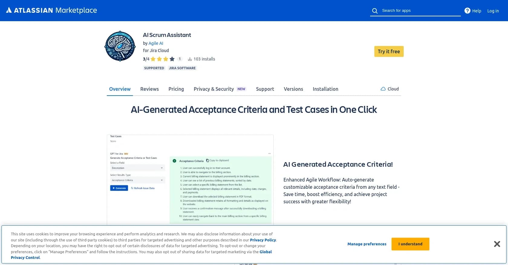 AI Scrum Assistant homepage screenshot — AI-Generated Acceptance Criteria and Test Cases in One Click