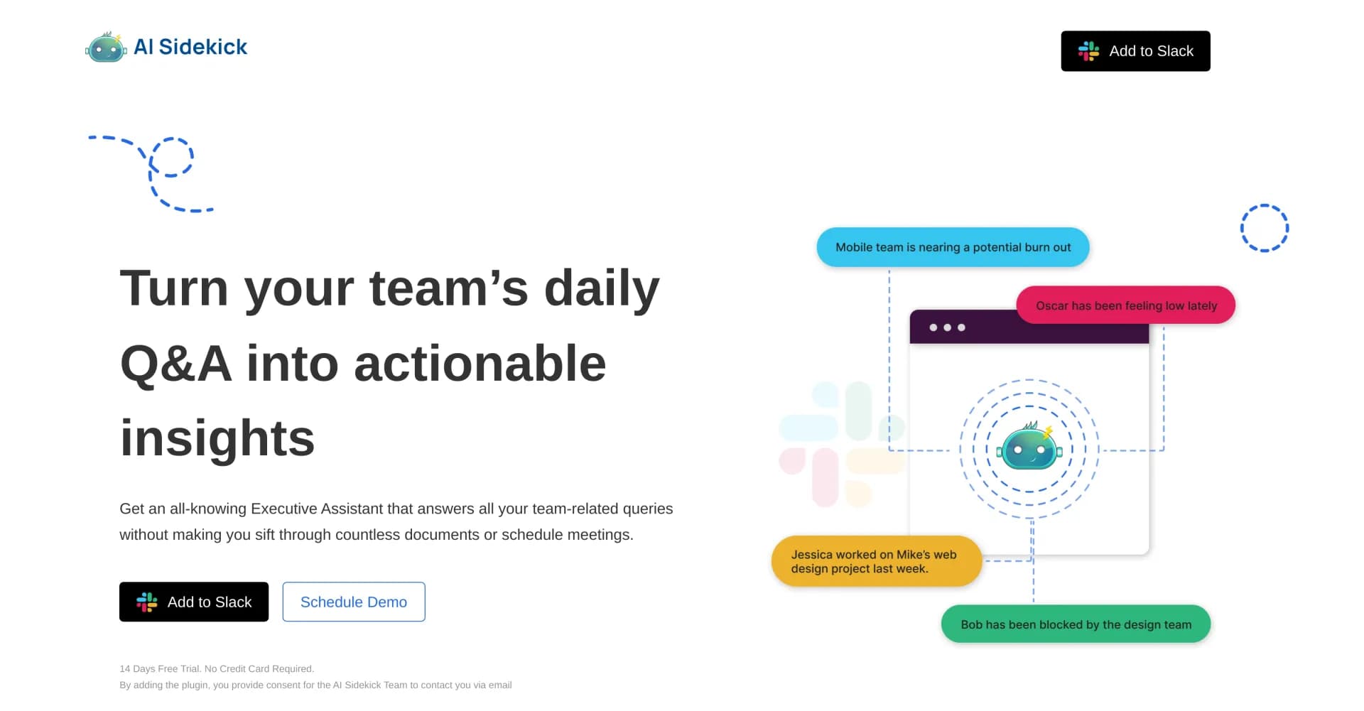 AI Sidekick homepage screenshot — AI Executive Assistant for team analytics in Slack