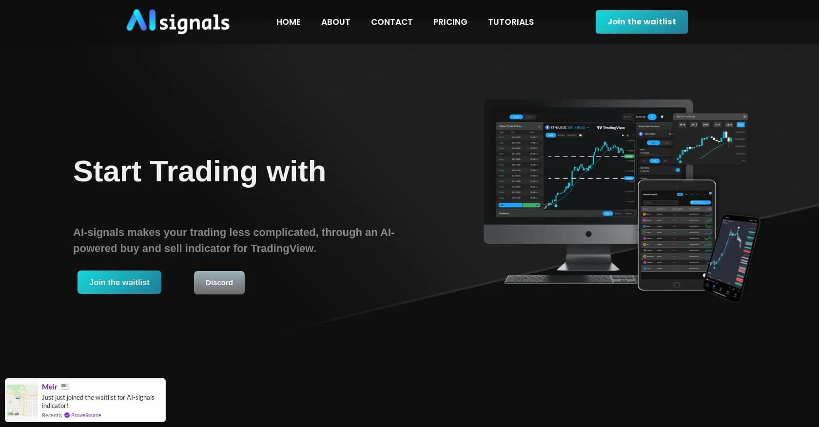 AI-signals homepage screenshot — Trade signals for stocks, forex, and crypto.