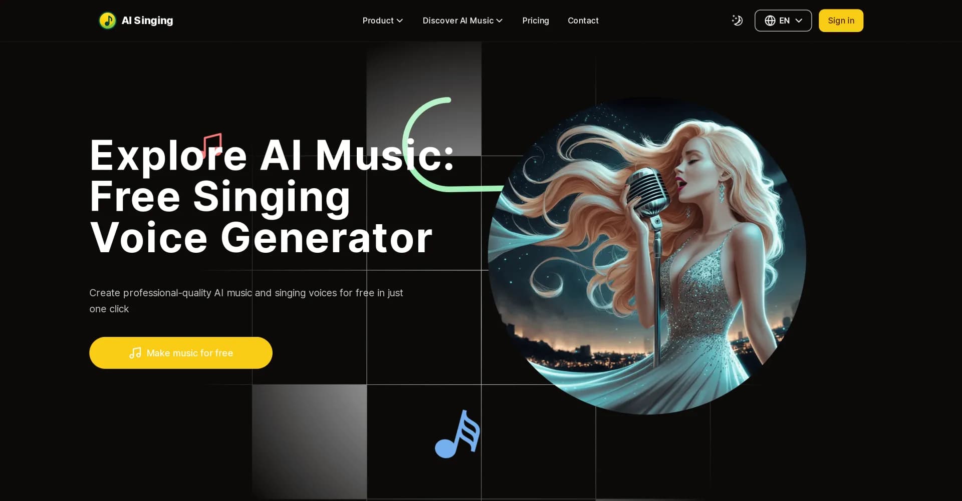 AI Singing homepage screenshot — Create professional-quality AI music and singing voices for 