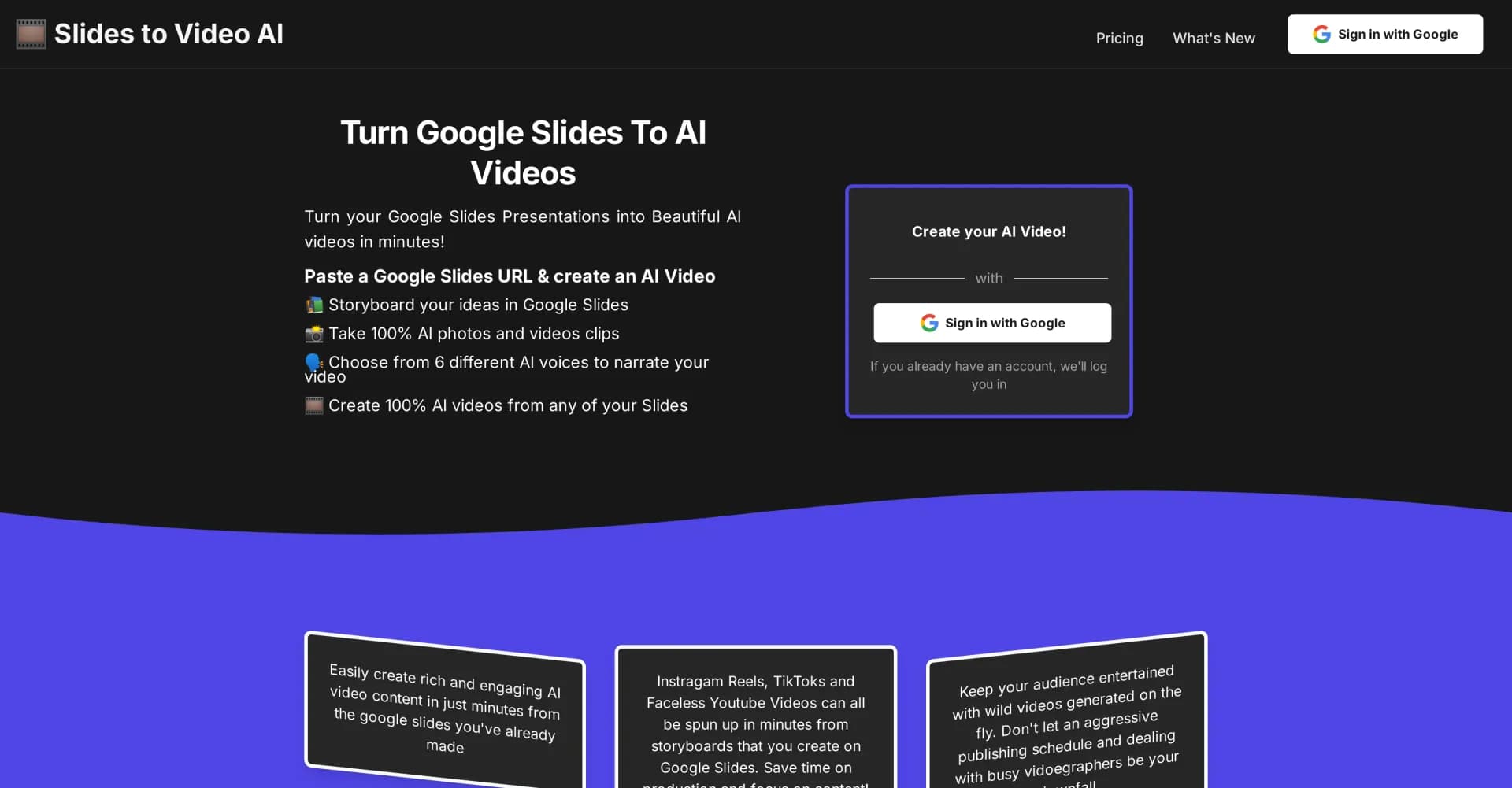 AI Slides to Videos homepage screenshot — Turn Google Slides into AI videos in minutes