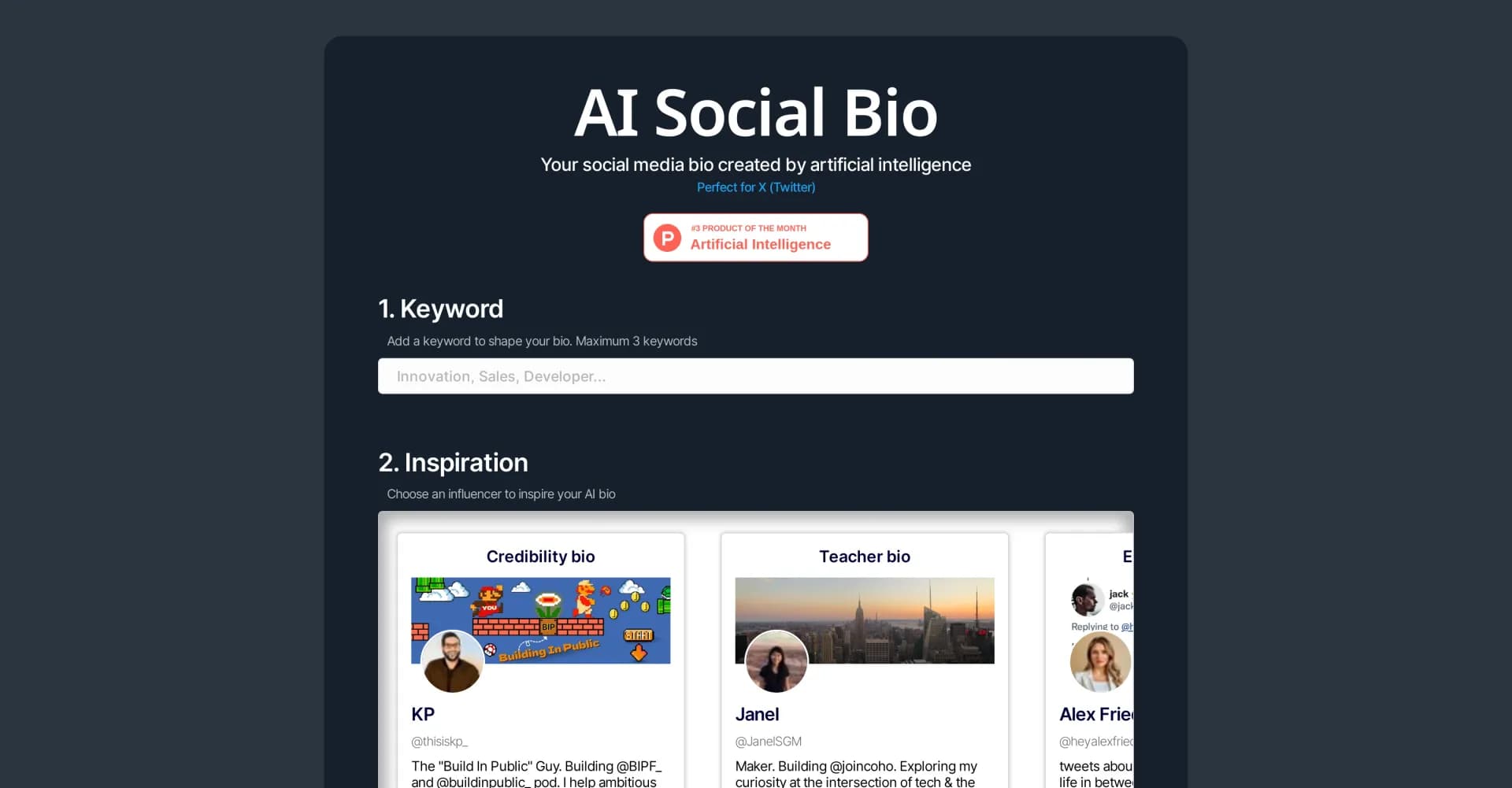 AI Social Bio homepage screenshot — Craft perfect social bios with AI magic.