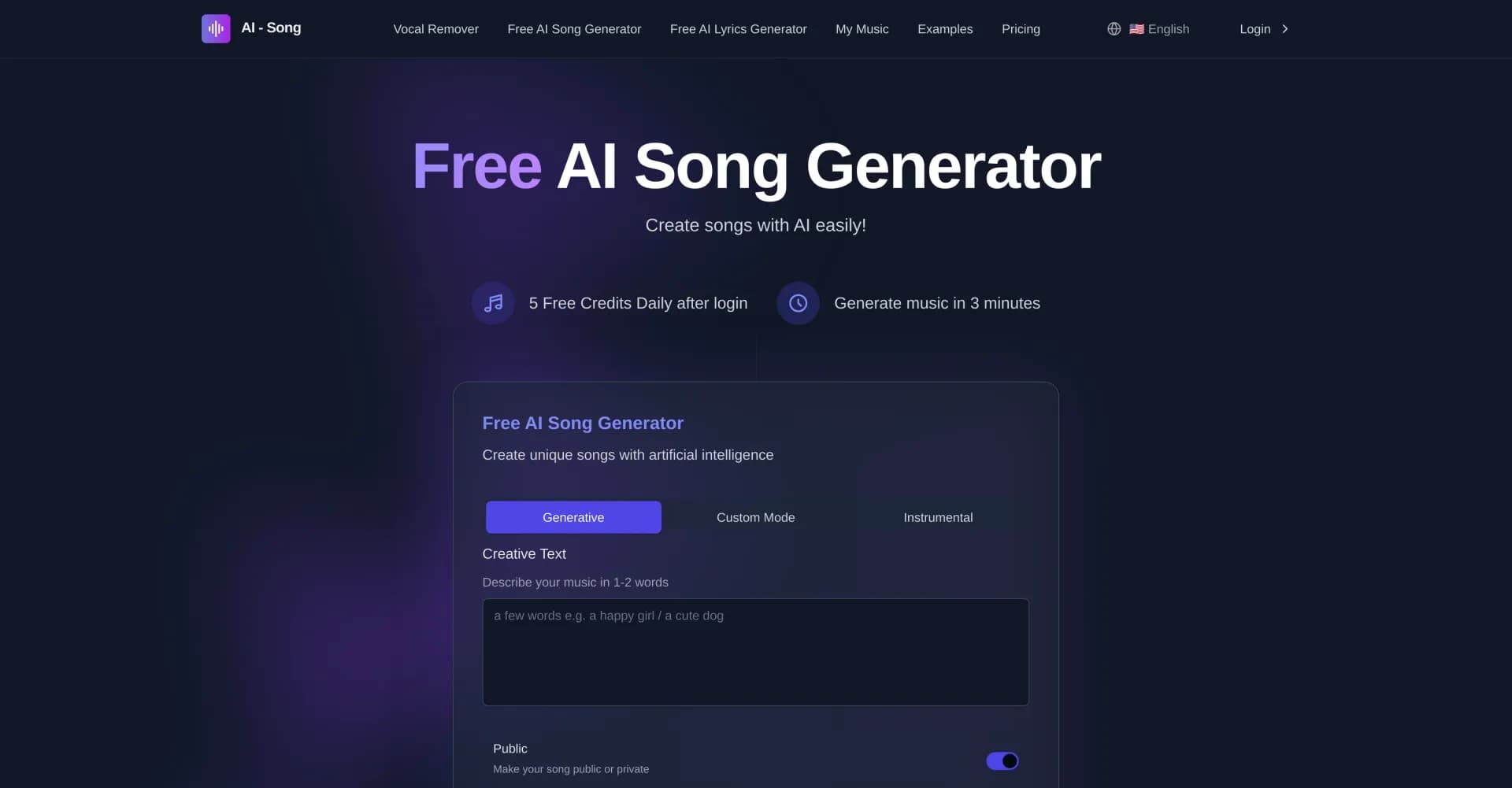 AI Song Generator homepage screenshot — Create unique songs with AI in minutes