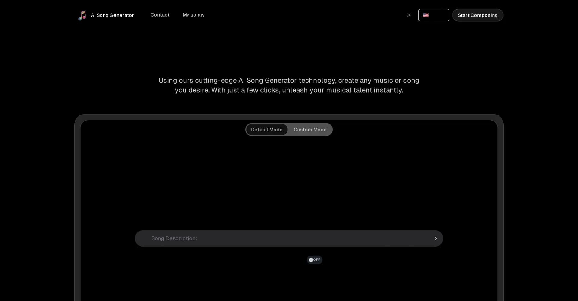 AI Song Generatorv2.0 homepage screenshot — Create any music or song with AI in just a few clicks.