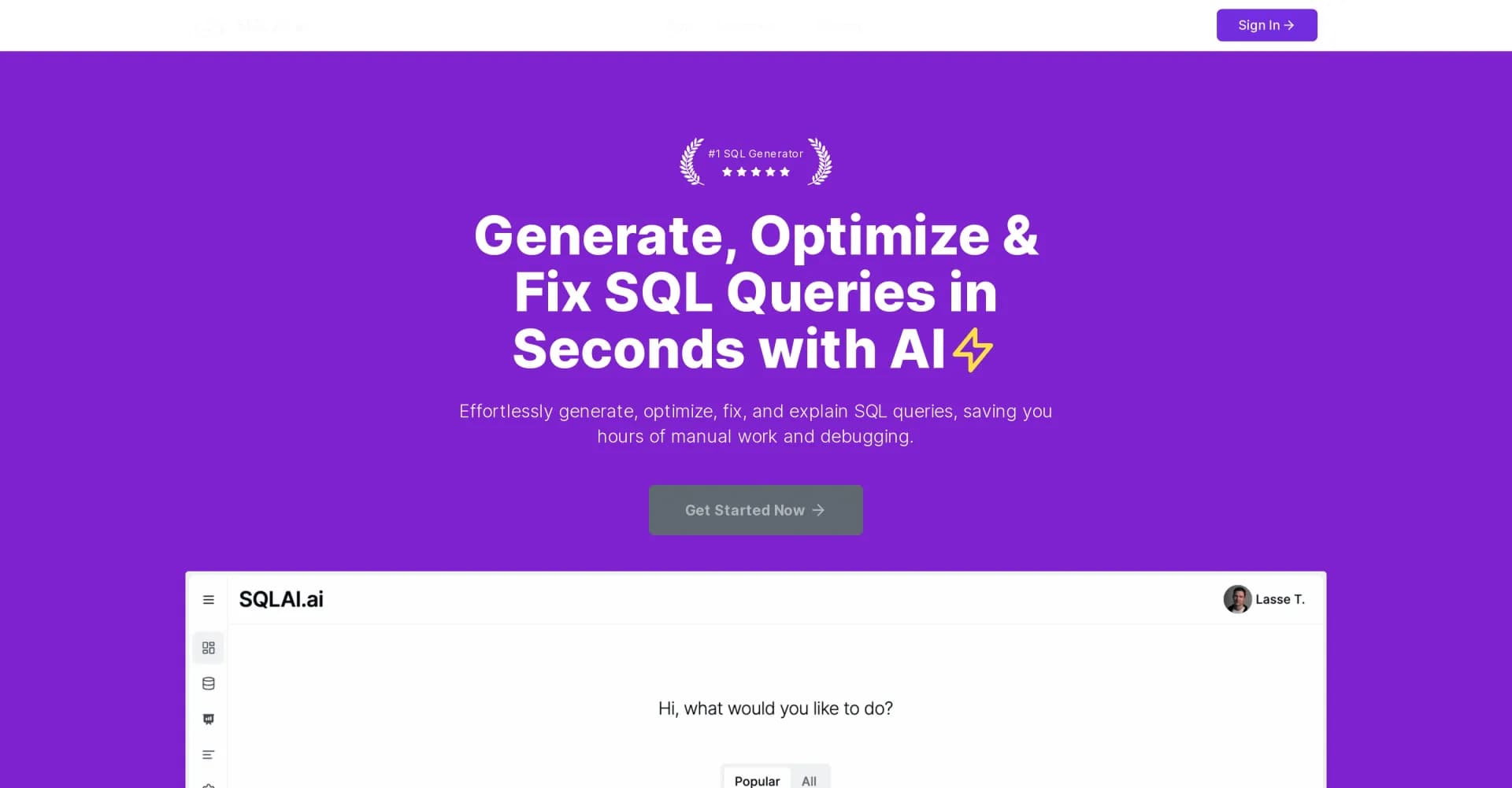 SQLAI.ai homepage screenshot — Build SQL queries instantly with AI