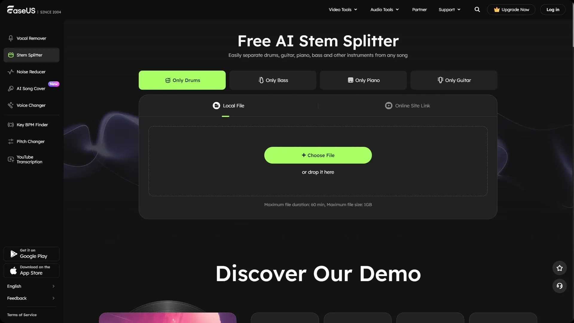 AI Stem Splitter homepage screenshot — Split songs into stems using AI for remixing and karaoke.
