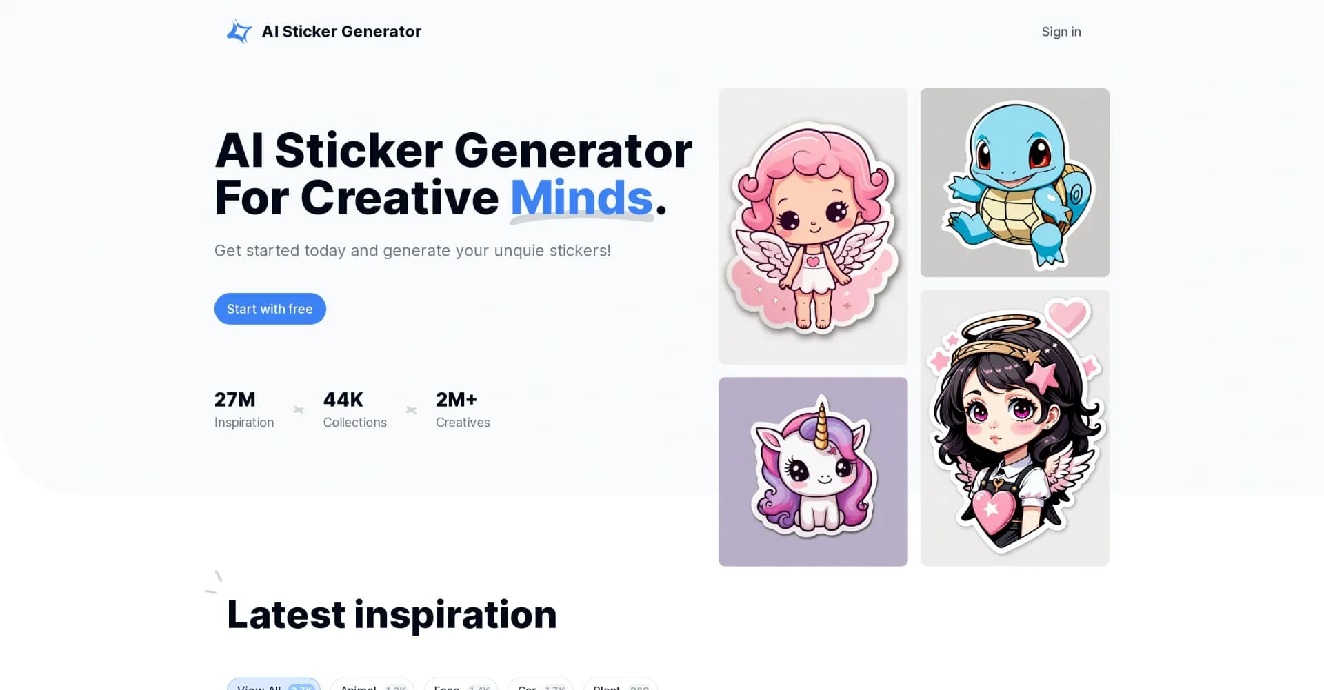 AI Sticker Generator homepage screenshot — AI-powered sticker creation for creative minds.