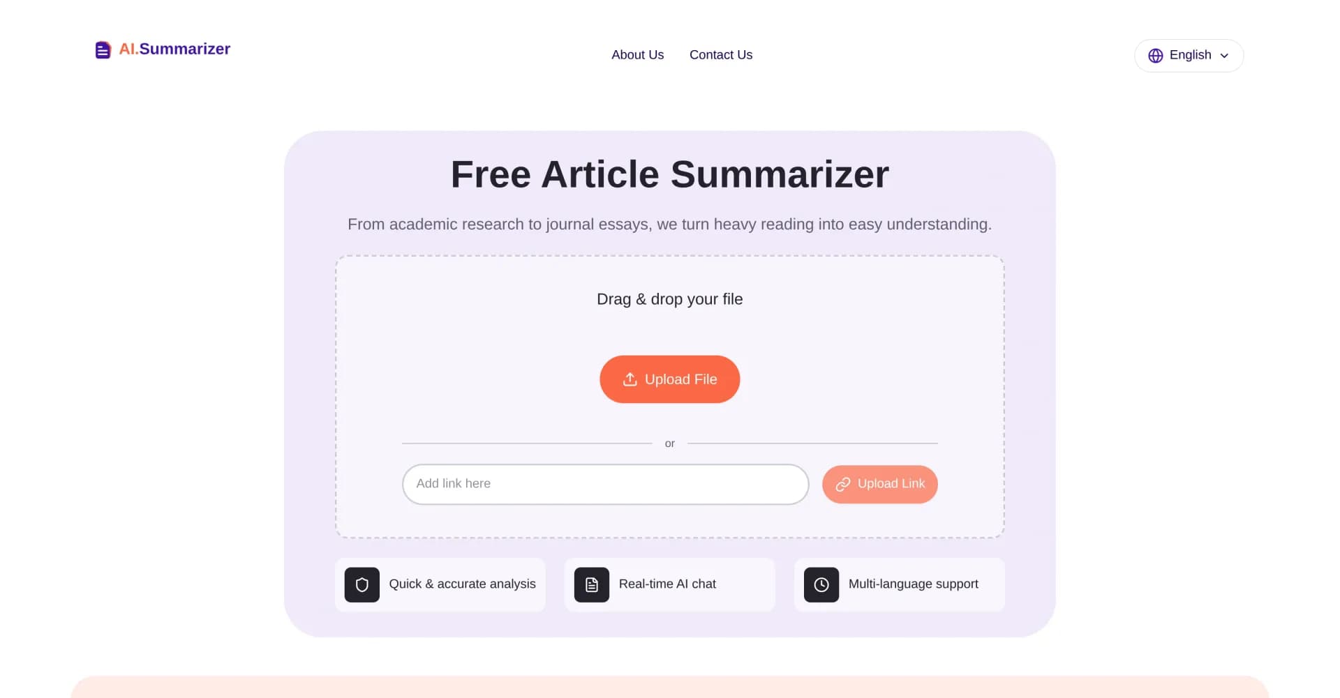 AI Summarizer homepage screenshot — Turn heavy reading into easy understanding.