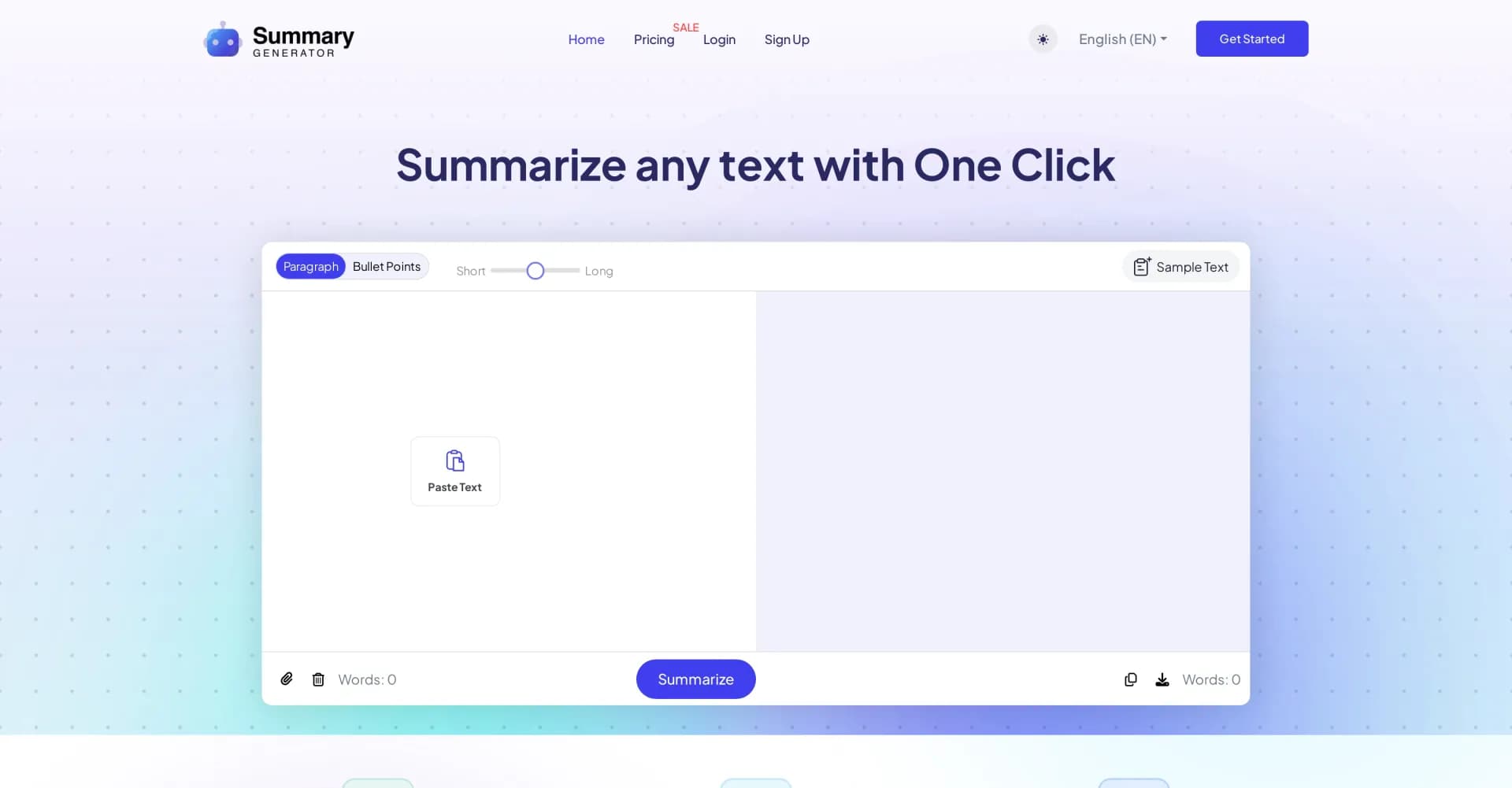 Ai Summary Generator homepage screenshot — Summarize any text with one click