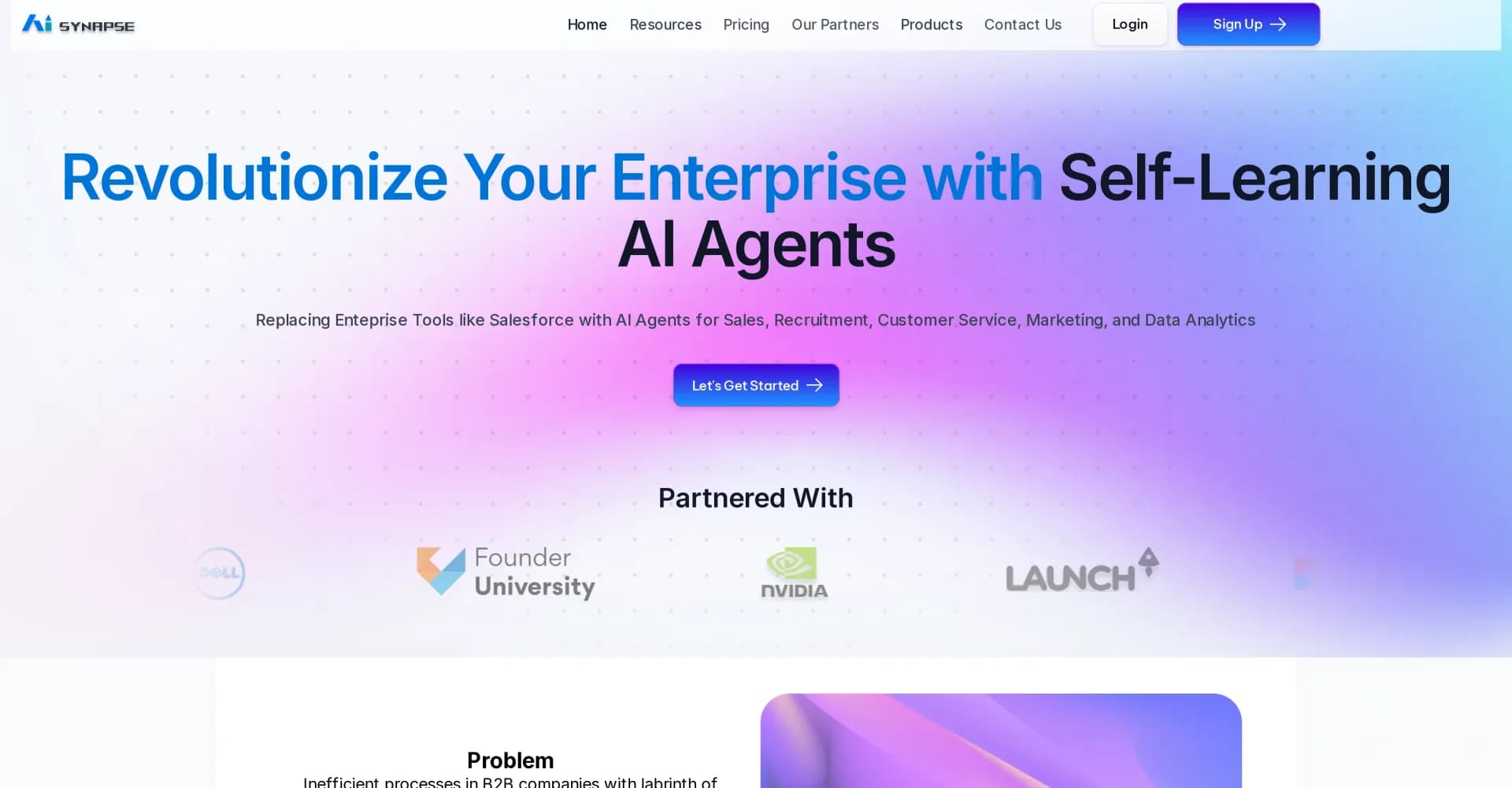 AI Synapse homepage screenshot — Revolutionize enterprise with self-learning AI agents