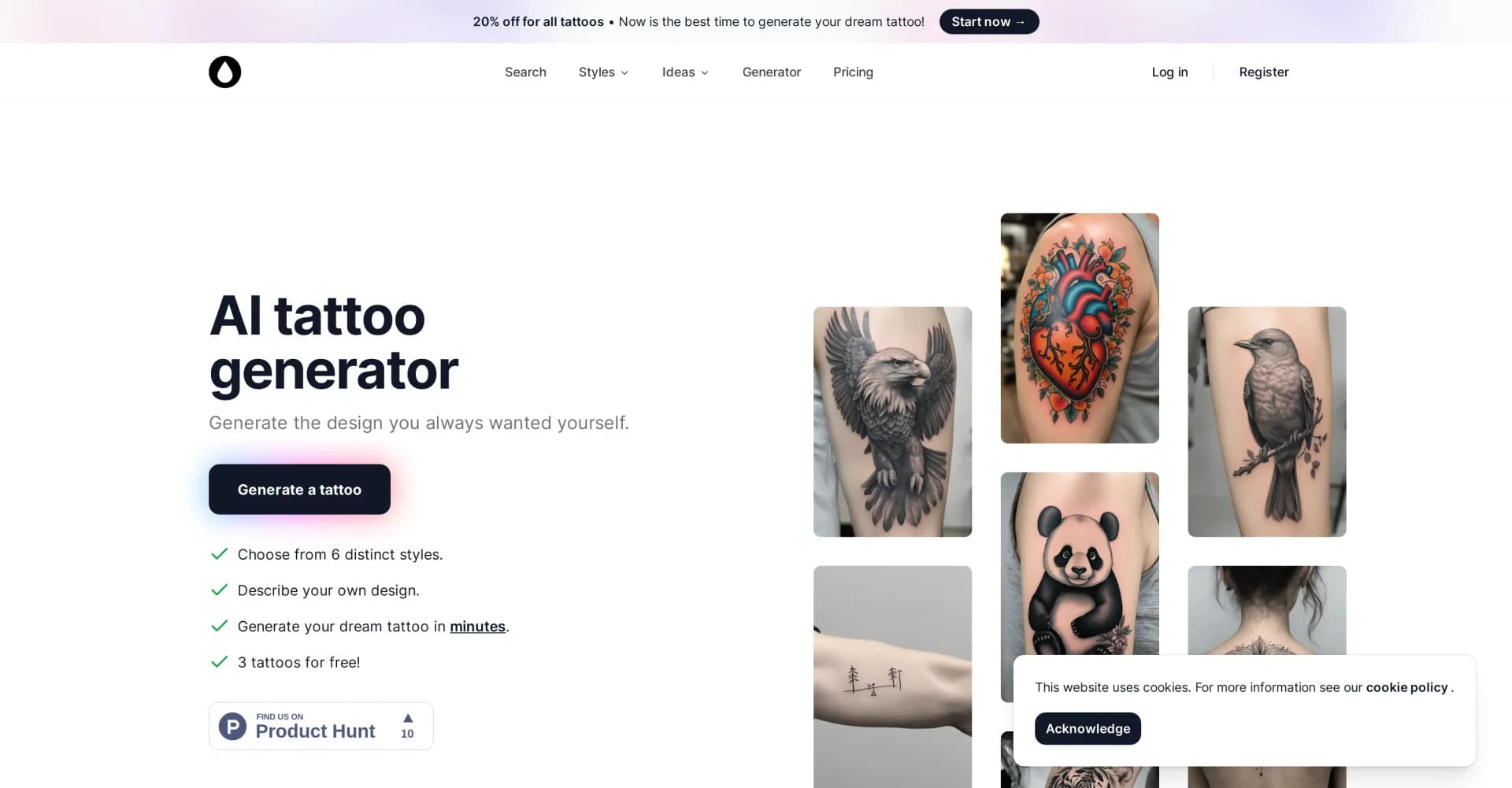 AI Tattoo Generator App homepage screenshot — Generate your dream tattoo with AI