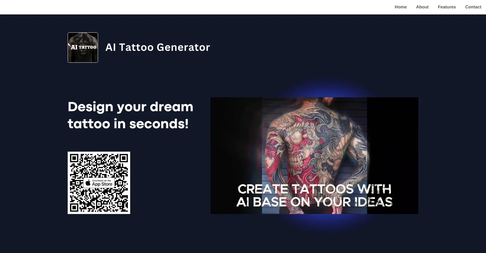 AI Tattoo Generator homepage screenshot — Design your dream tattoo in seconds!