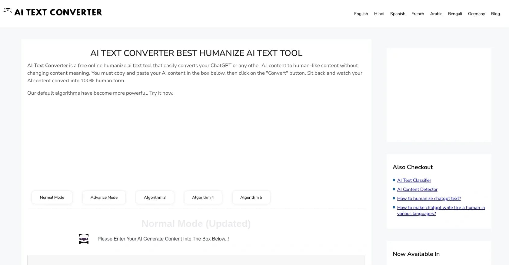 AI Text Converter homepage screenshot — Transform AI content into human-like text effortlessly.
