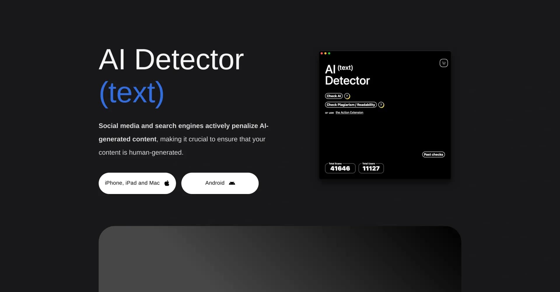 AI Text Detector homepage screenshot — Check if any text is AI-generated with AI Text Detector.