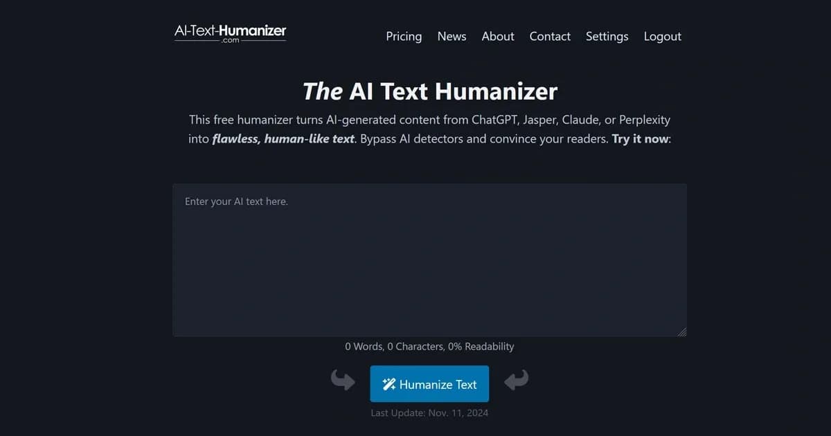 AI-Text-Humanizer.com homepage screenshot — Humanize AI text into undetectable and convincing human cont