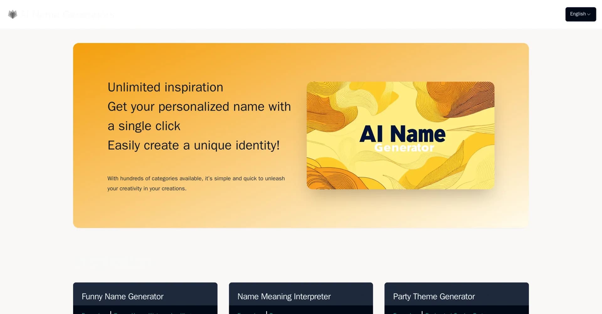 AI The Name homepage screenshot — Create unique names with AI-powered inspiration.