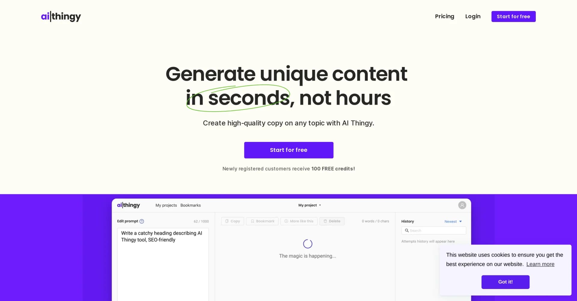 AI Thingy homepage screenshot — Generate unique content in seconds, not hours.