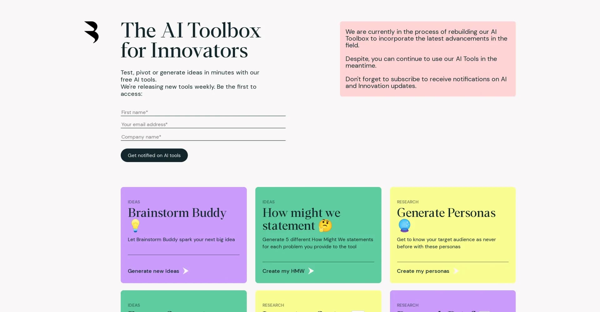 AI Toolbox for innovators homepage screenshot — Supercharge innovation with AI-powered tools
