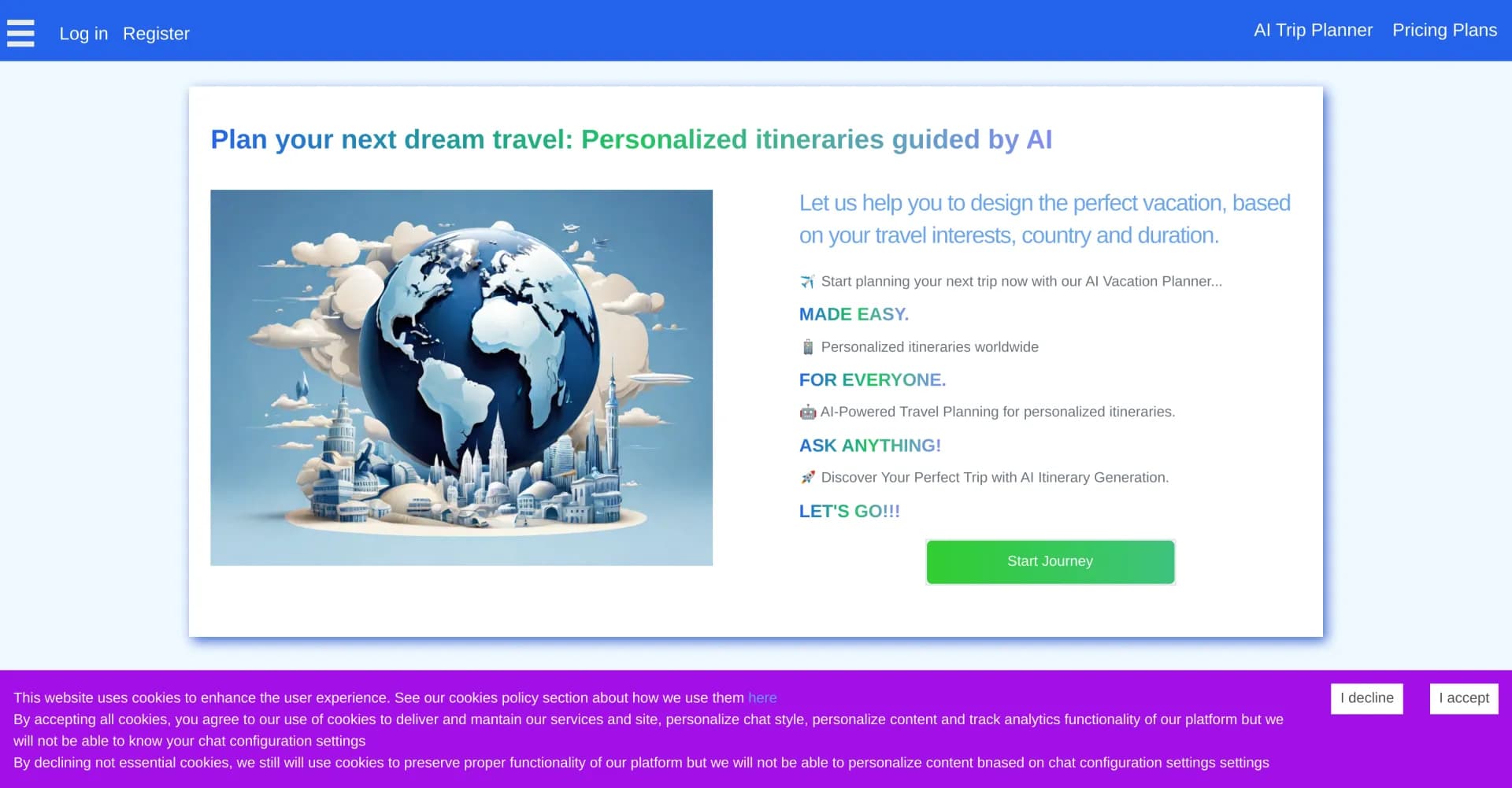AI Trip Planner homepage screenshot — AI-powered travel planning for personalized itineraries.