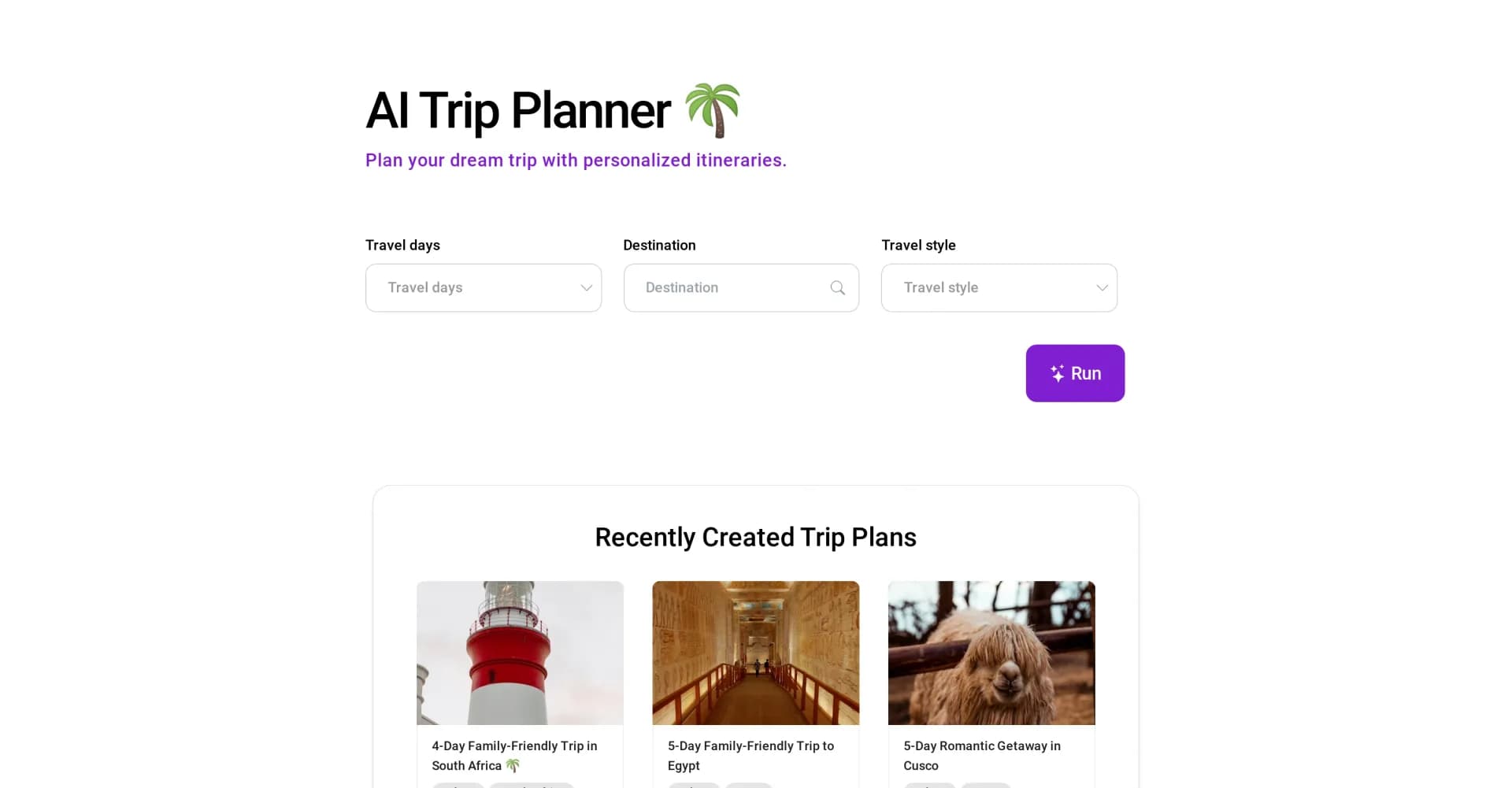 AI Trip Planner homepage screenshot — Personalized AI itineraries for your dream trip.