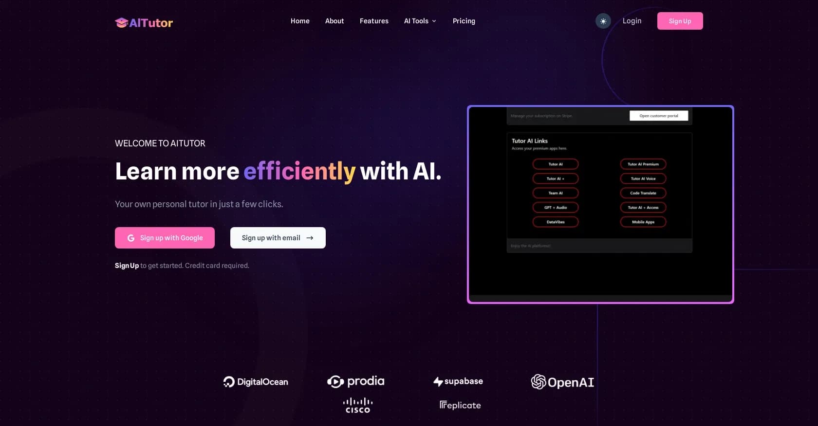 AI Tutor homepage screenshot — Learn more efficiently with AI