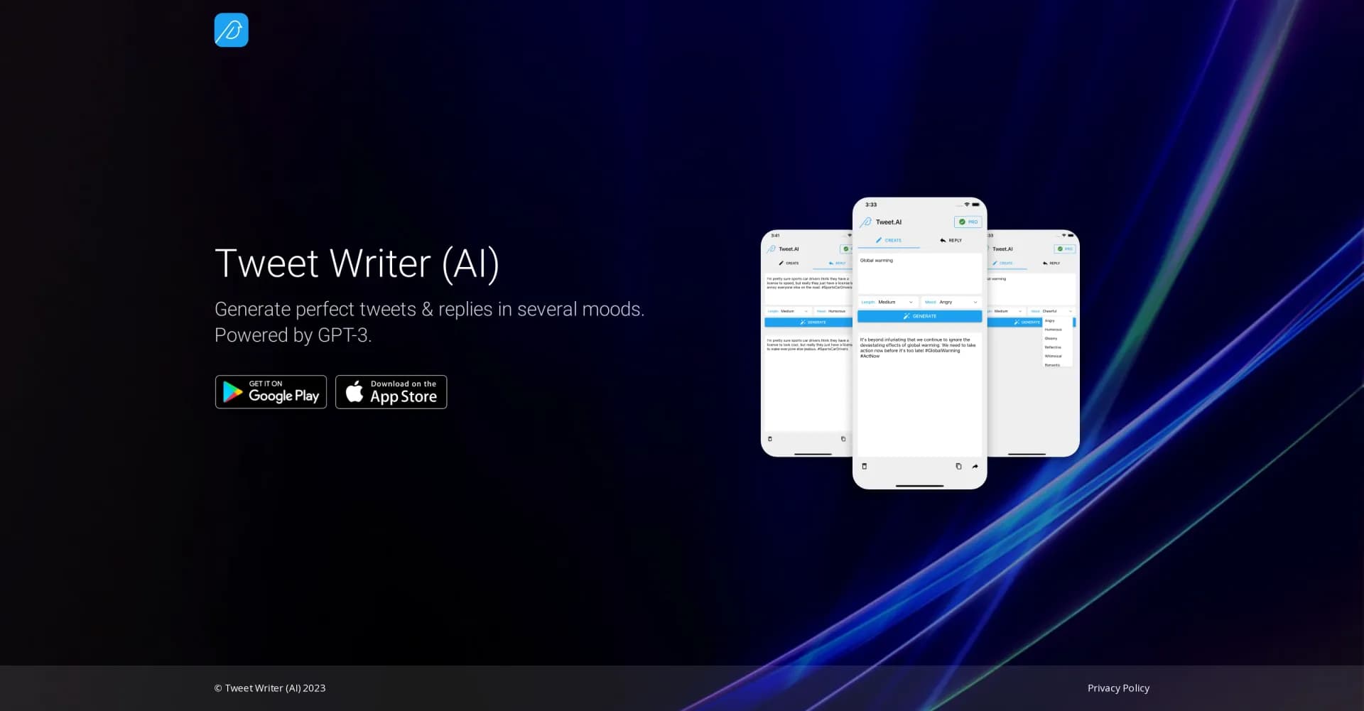 AI Tweet Writer homepage screenshot — Generate perfect tweets & replies with AI