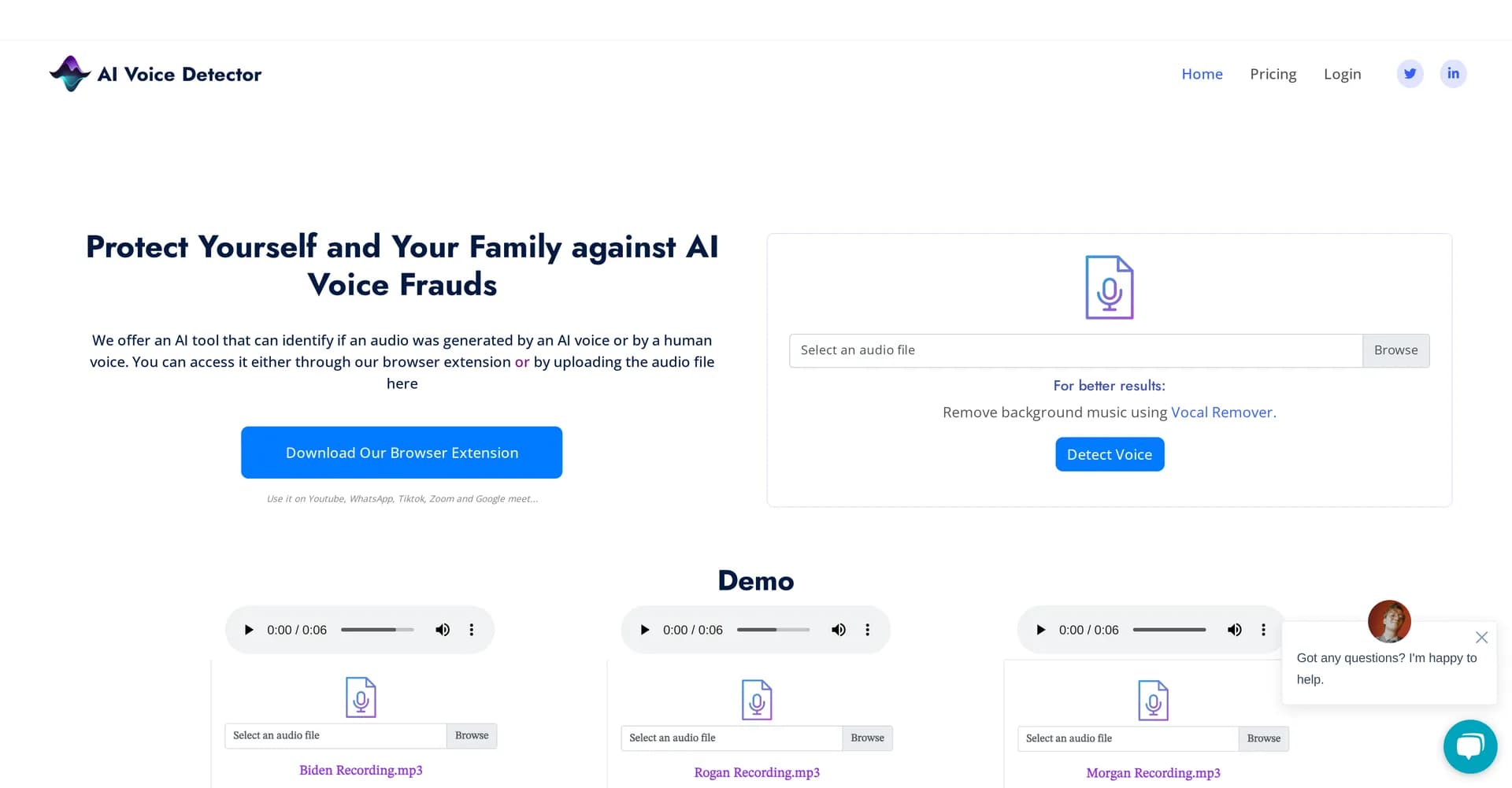 AI Voice Detector homepage screenshot — Detect AI-generated voices to protect against audio fraud.