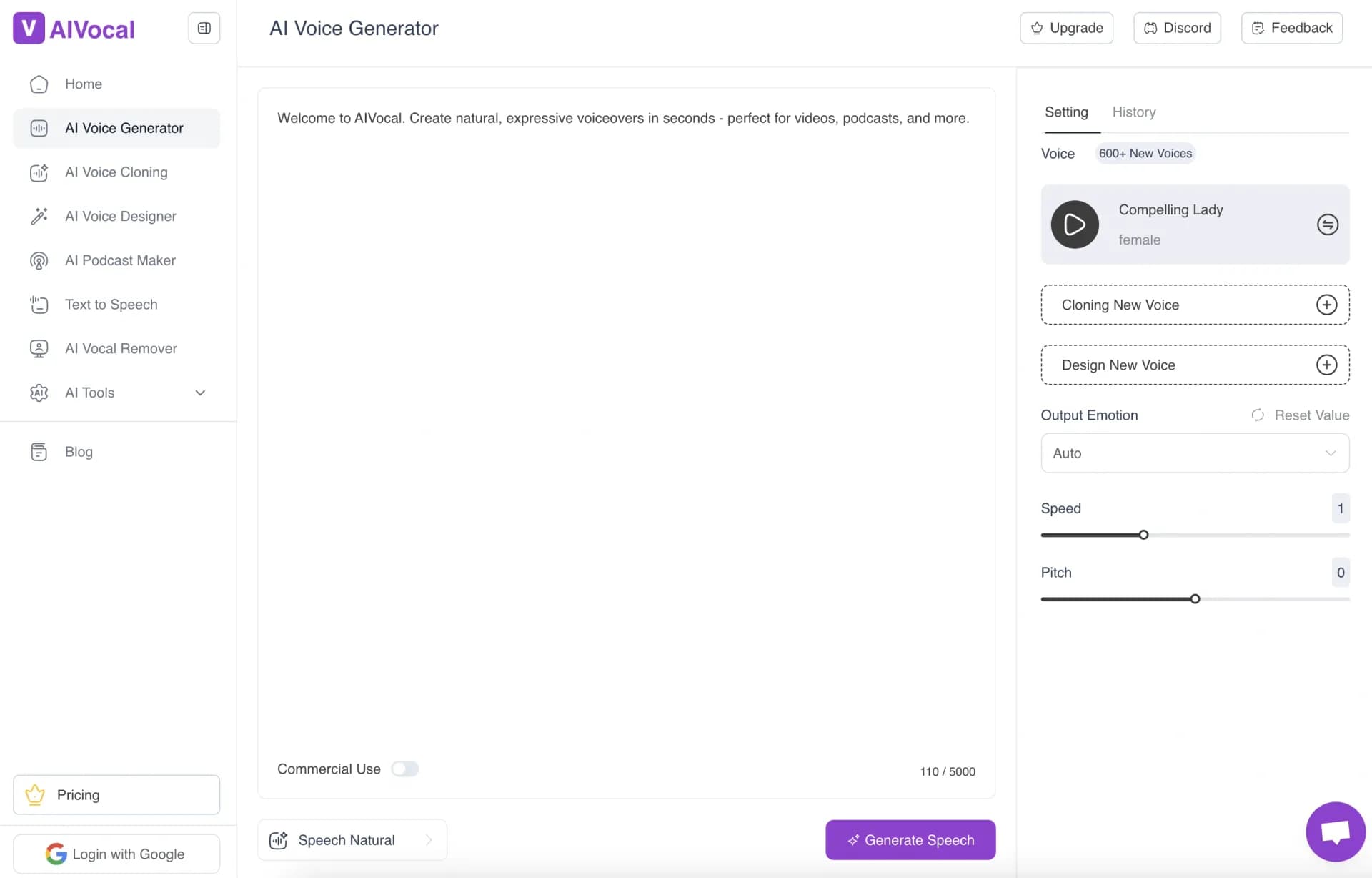 AI Voice Generator by AIVocal homepage screenshot — Create lifelike voiceovers with 900+ natural voices.