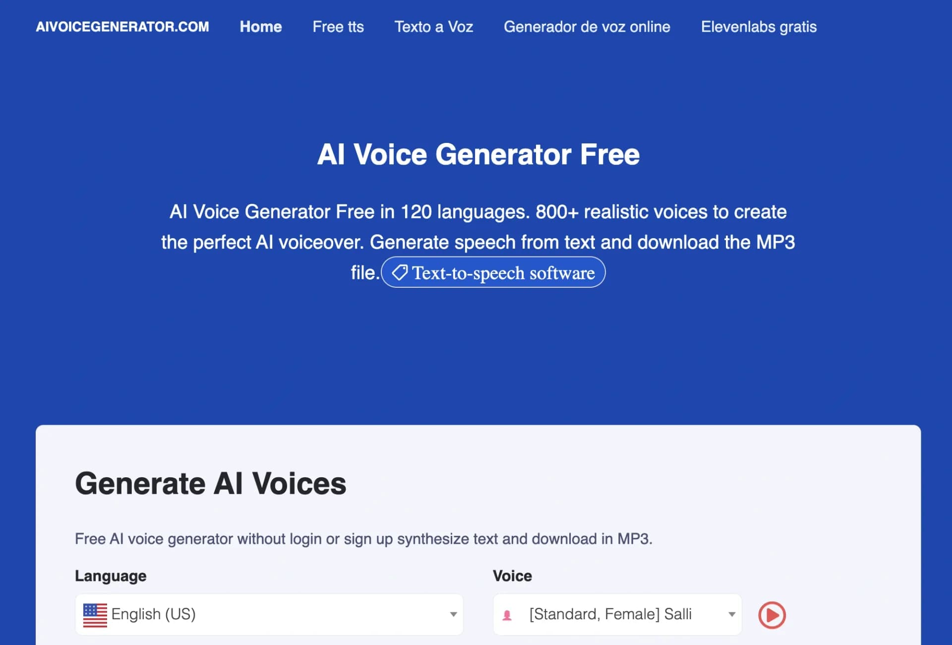 AI Voice Generator Freev2.1 homepage screenshot — Generate AI voices for any text instantly