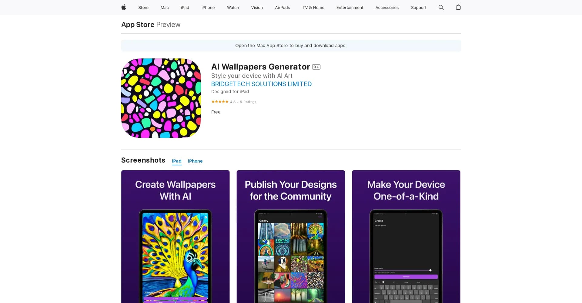 AI Wallpapers Generator homepage screenshot — Creating personalized wallpapers with AI.