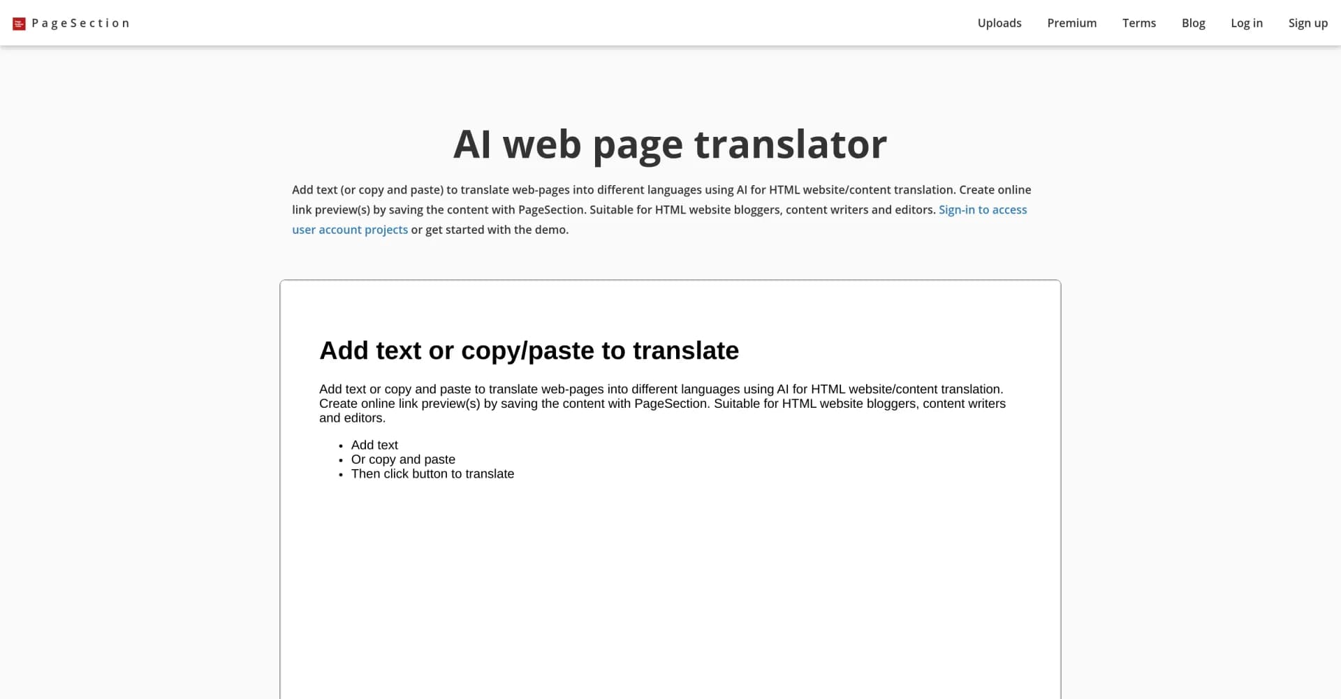 AI web page translator by pagesection.com homepage screenshot — Translate and edit webpages with AI in seconds.
