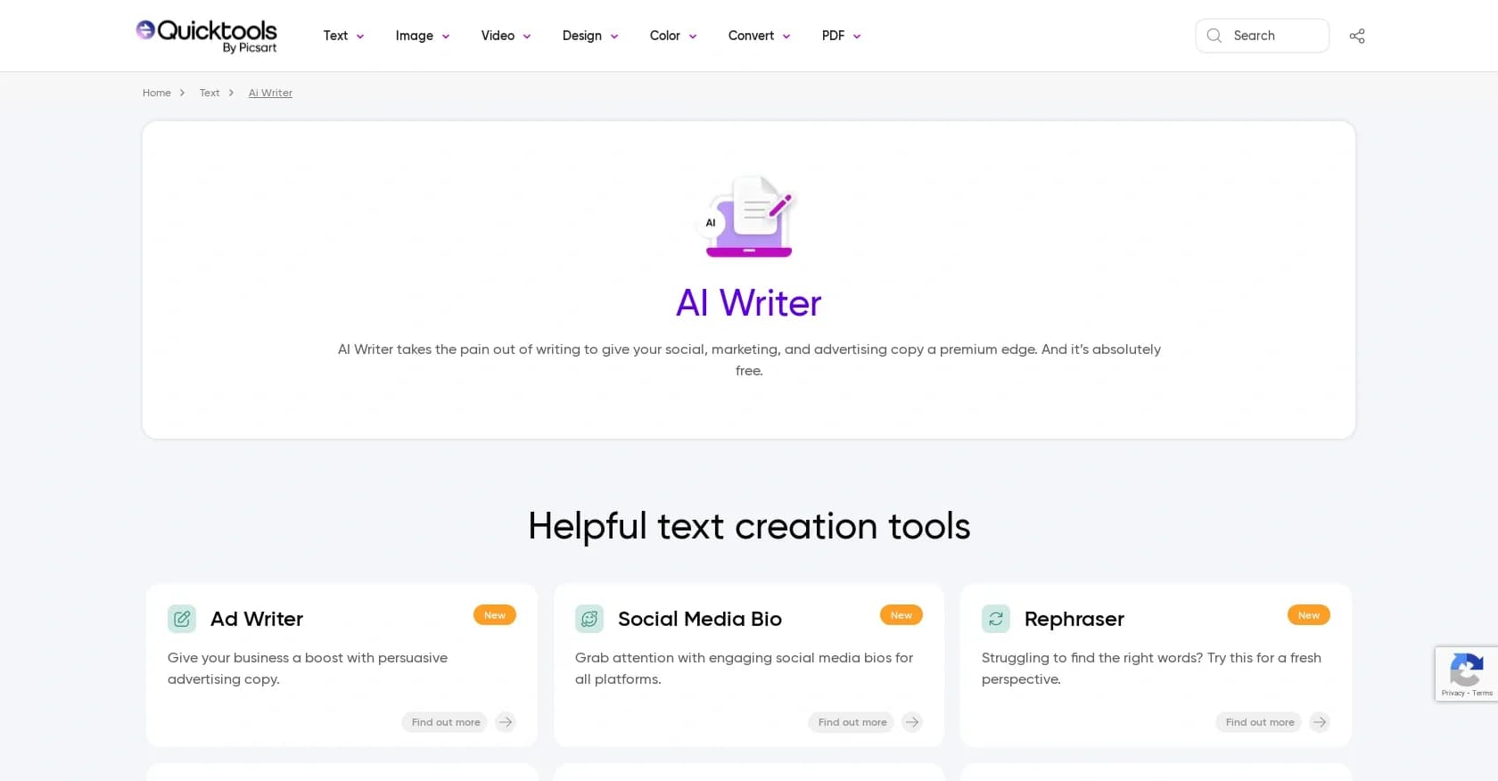 AI Writer by Picsart homepage screenshot — Generate premium copy with AI in seconds.