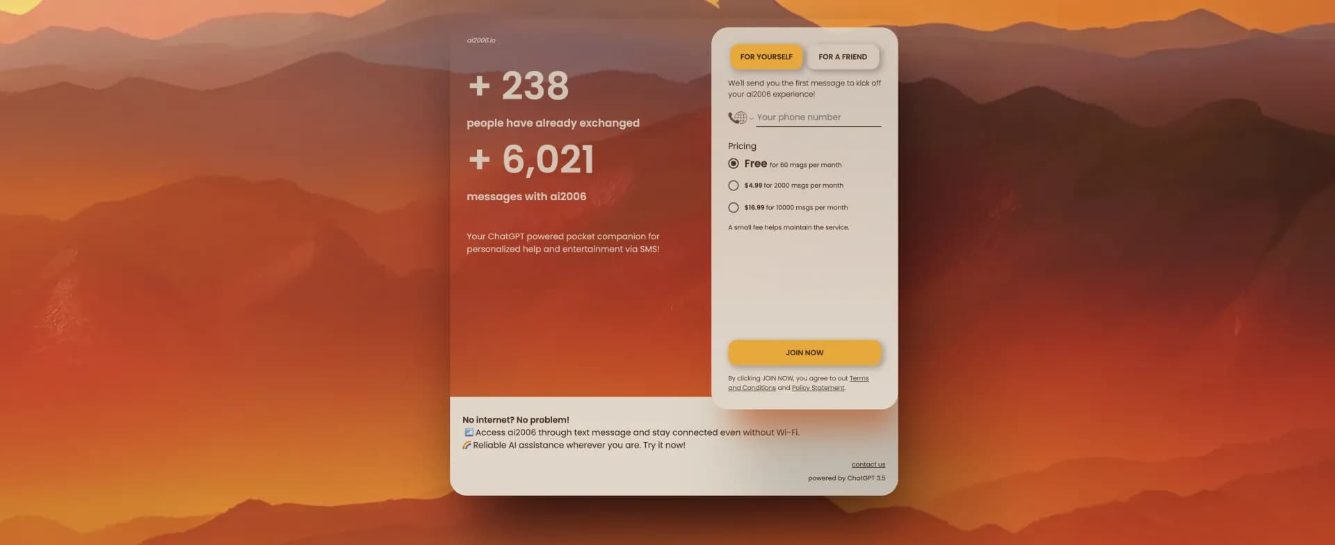 AI2006 homepage screenshot — Your ChatGPT pocket companion via SMS