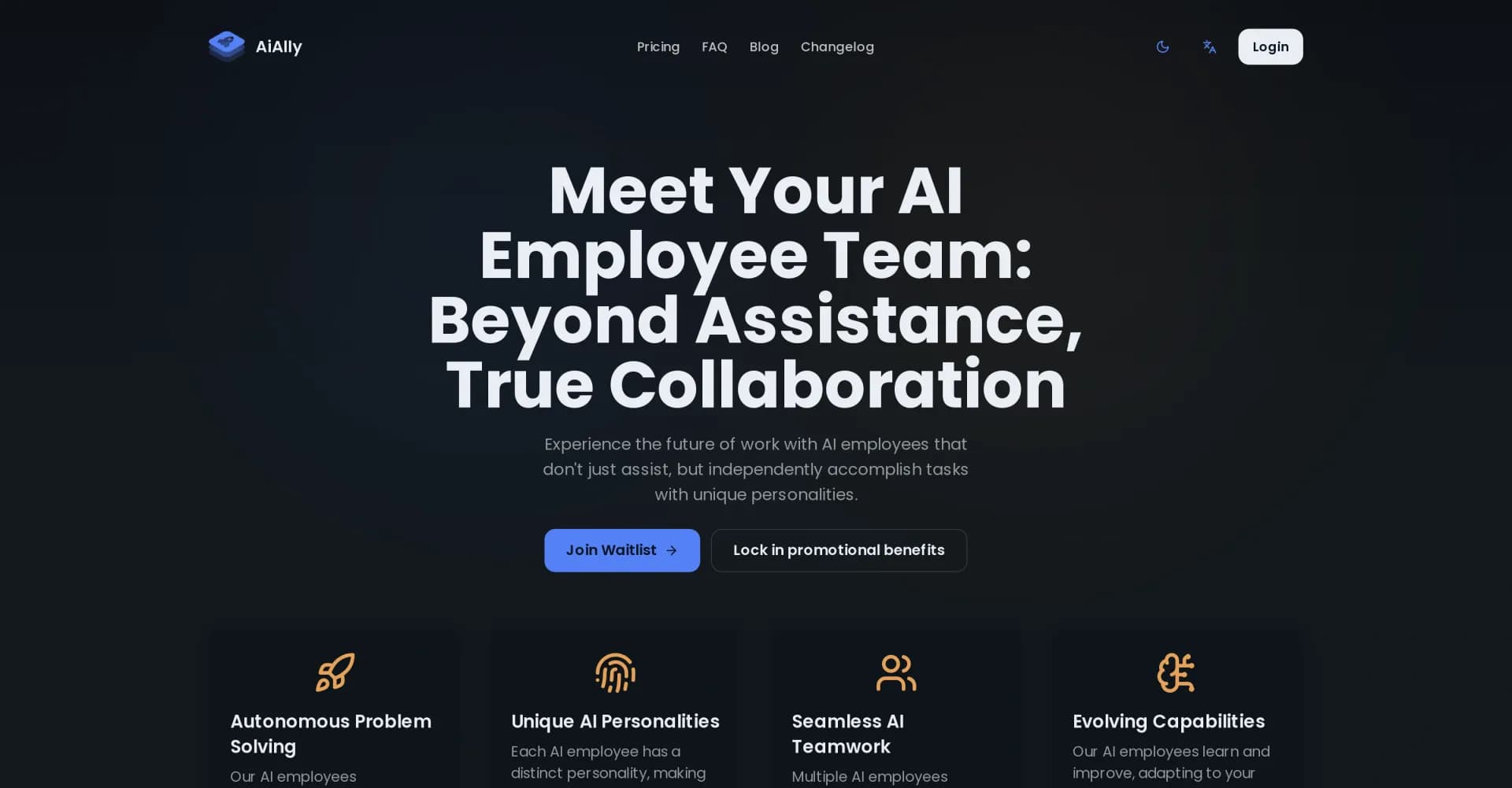 AiAlly homepage screenshot — AI employees that collaborate, not just assist.