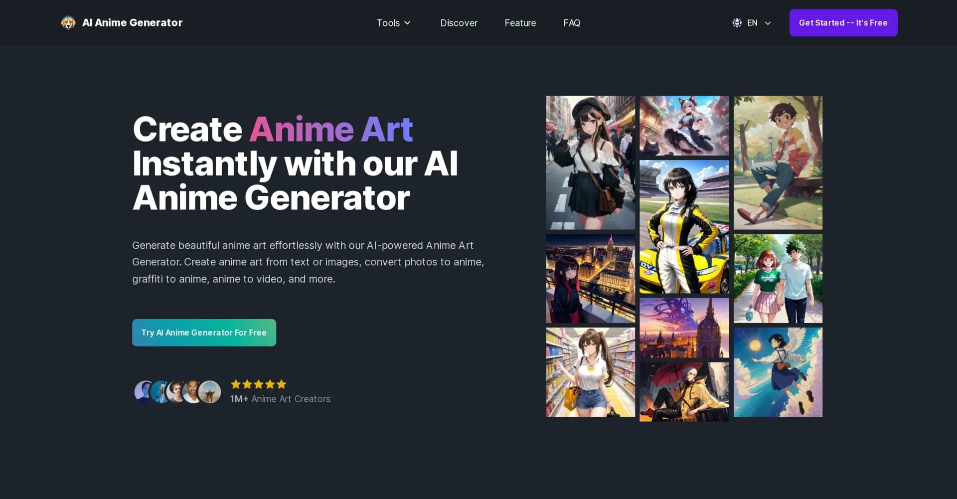 AIAnimeGenerator homepage screenshot — Create stunning anime art instantly with AI.
