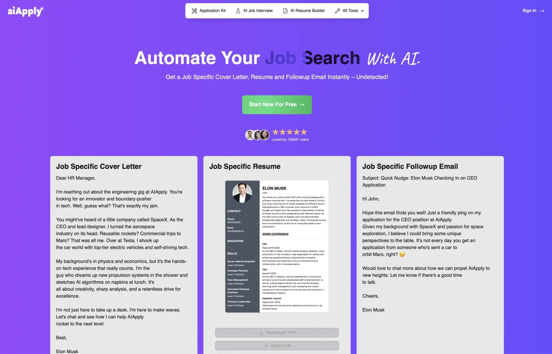 AiApplyv2.0 homepage screenshot — Customized job applications for better results.