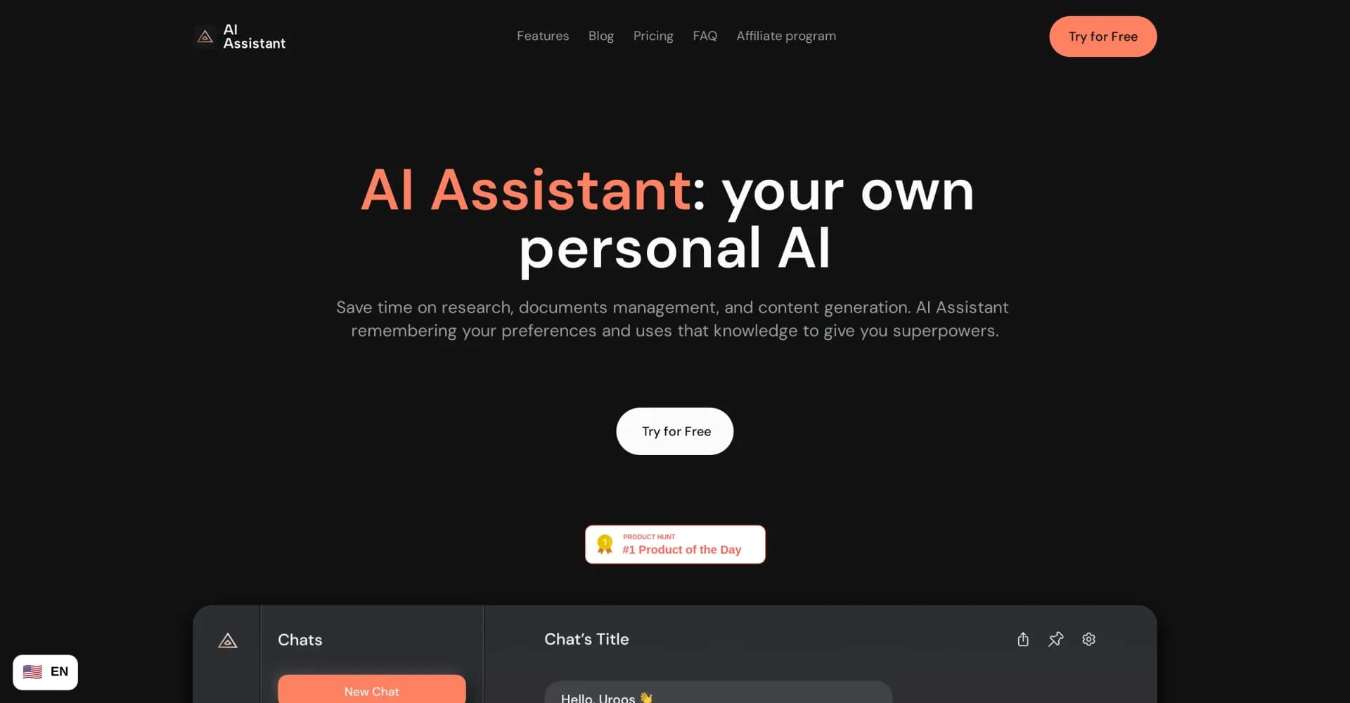AIAssistant homepage screenshot — Your personal AI for research and content generation.