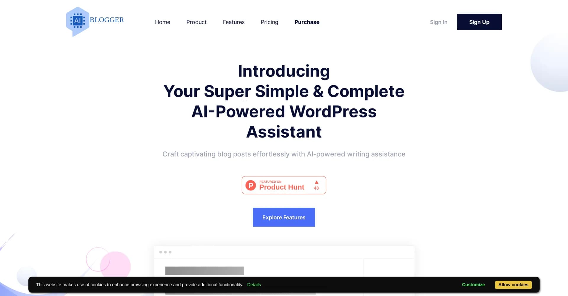 AIBlogger homepage screenshot — Craft captivating blog posts effortlessly with AI.