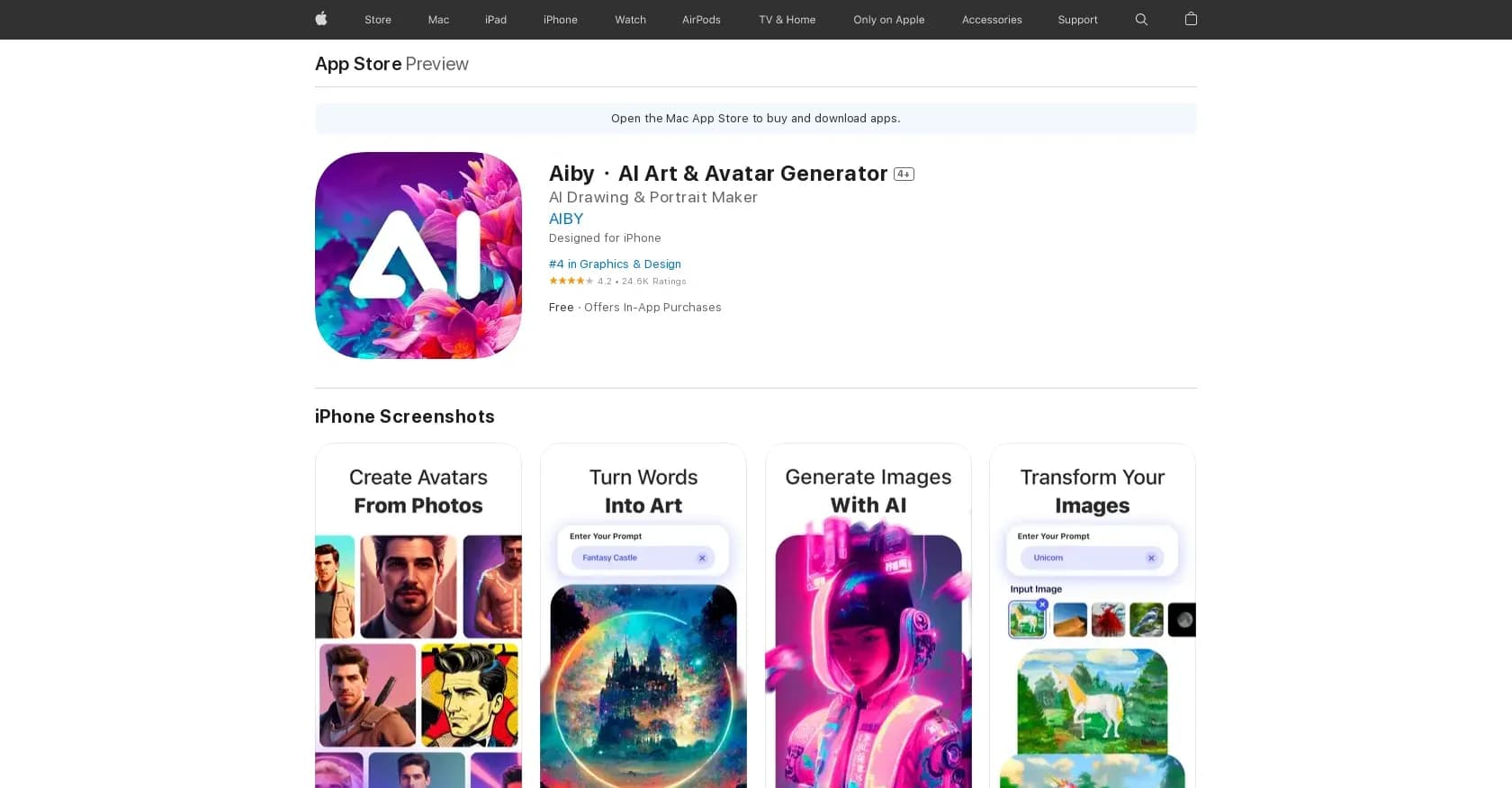Aiby homepage screenshot — An app for generating mesmerizing artworks and avatars.