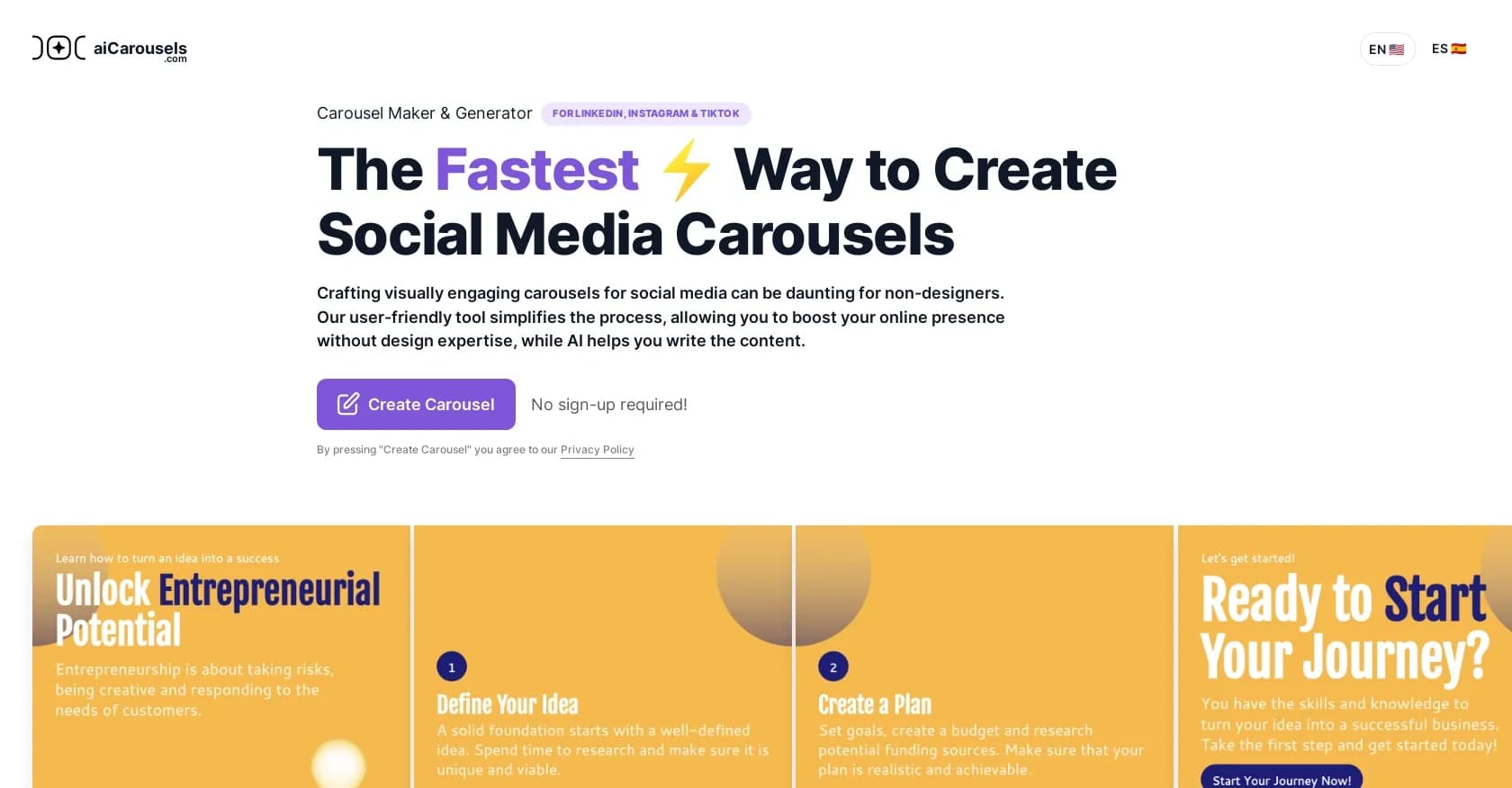 AIcarousels homepage screenshot — Create social media carousels instantly