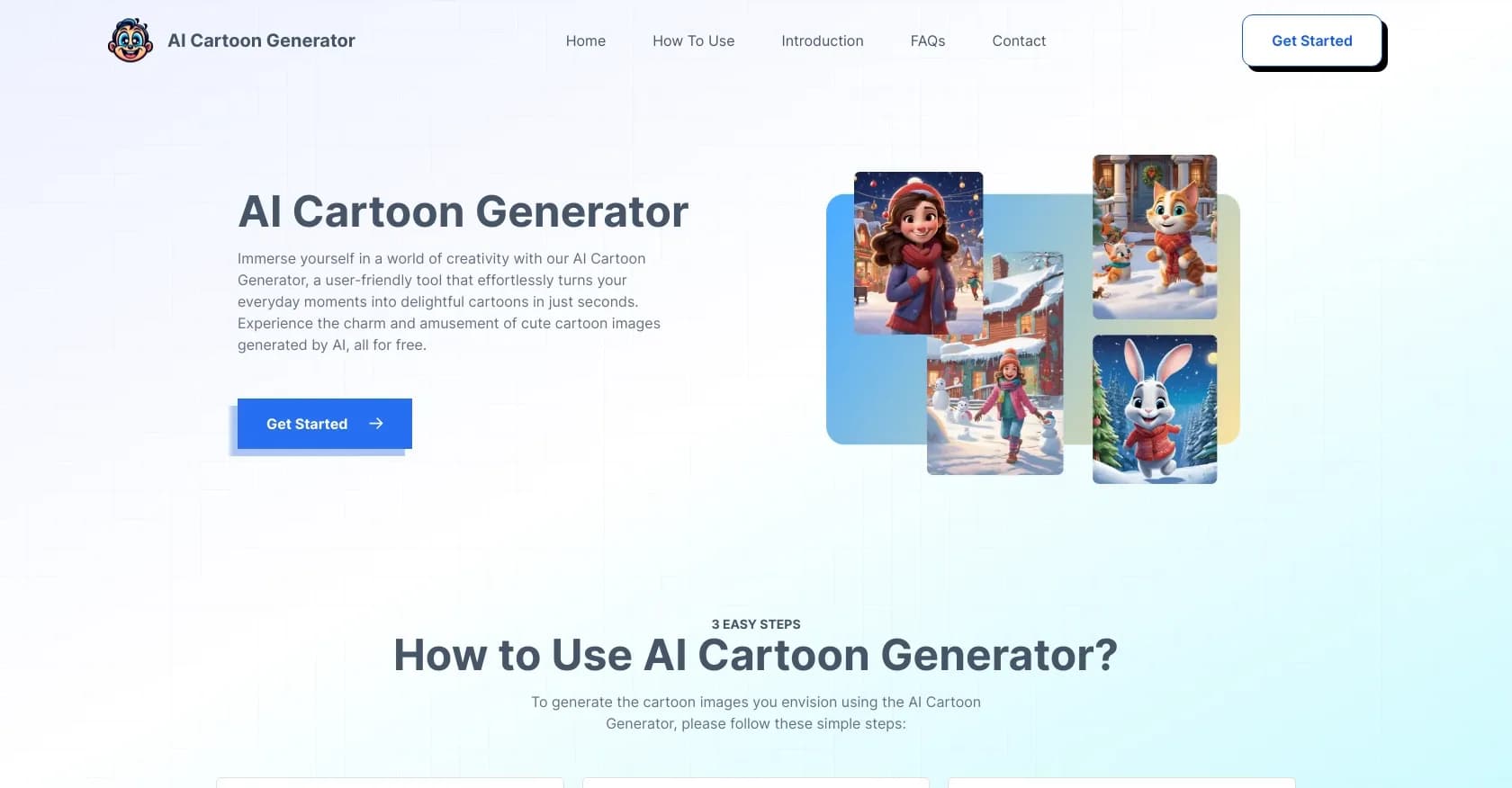 AICartoonGenerator homepage screenshot — Turn text or photos into fun cartoons with AI