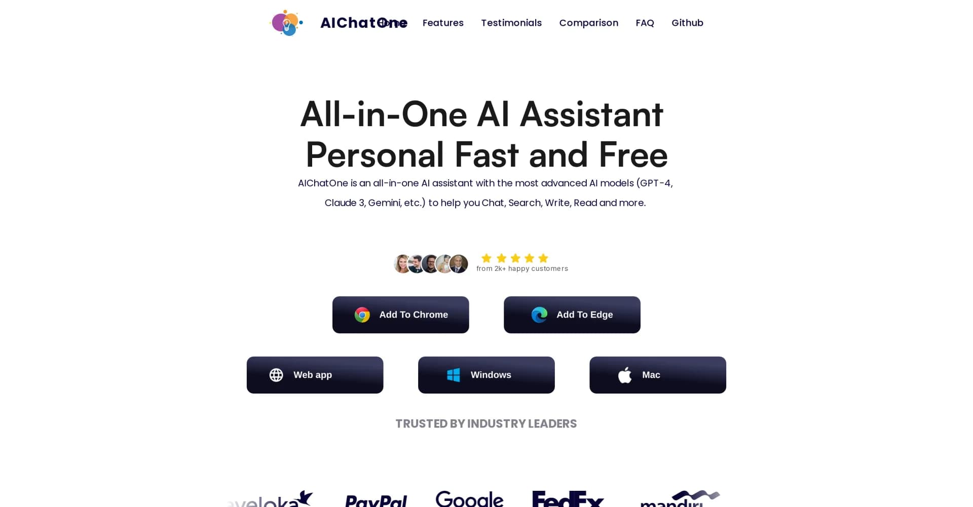 AIChatOne homepage screenshot — All-in-one AI assistant for Chatting, Searching, Writing, Re