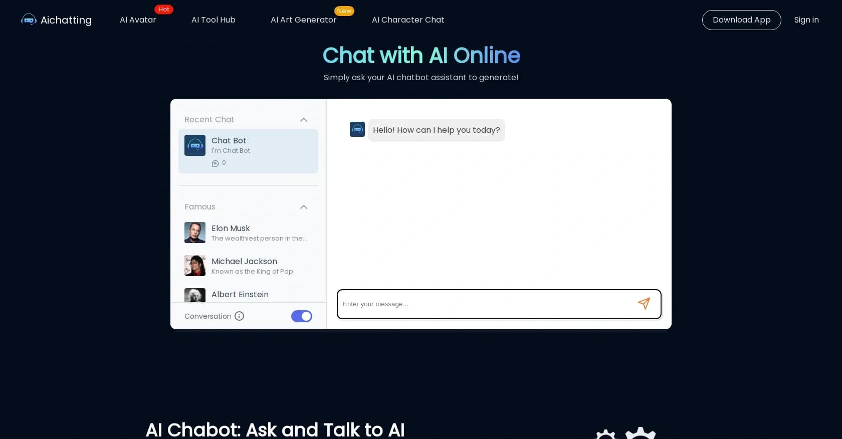 AIChatting homepage screenshot — Chat with AI and generate any text content for free