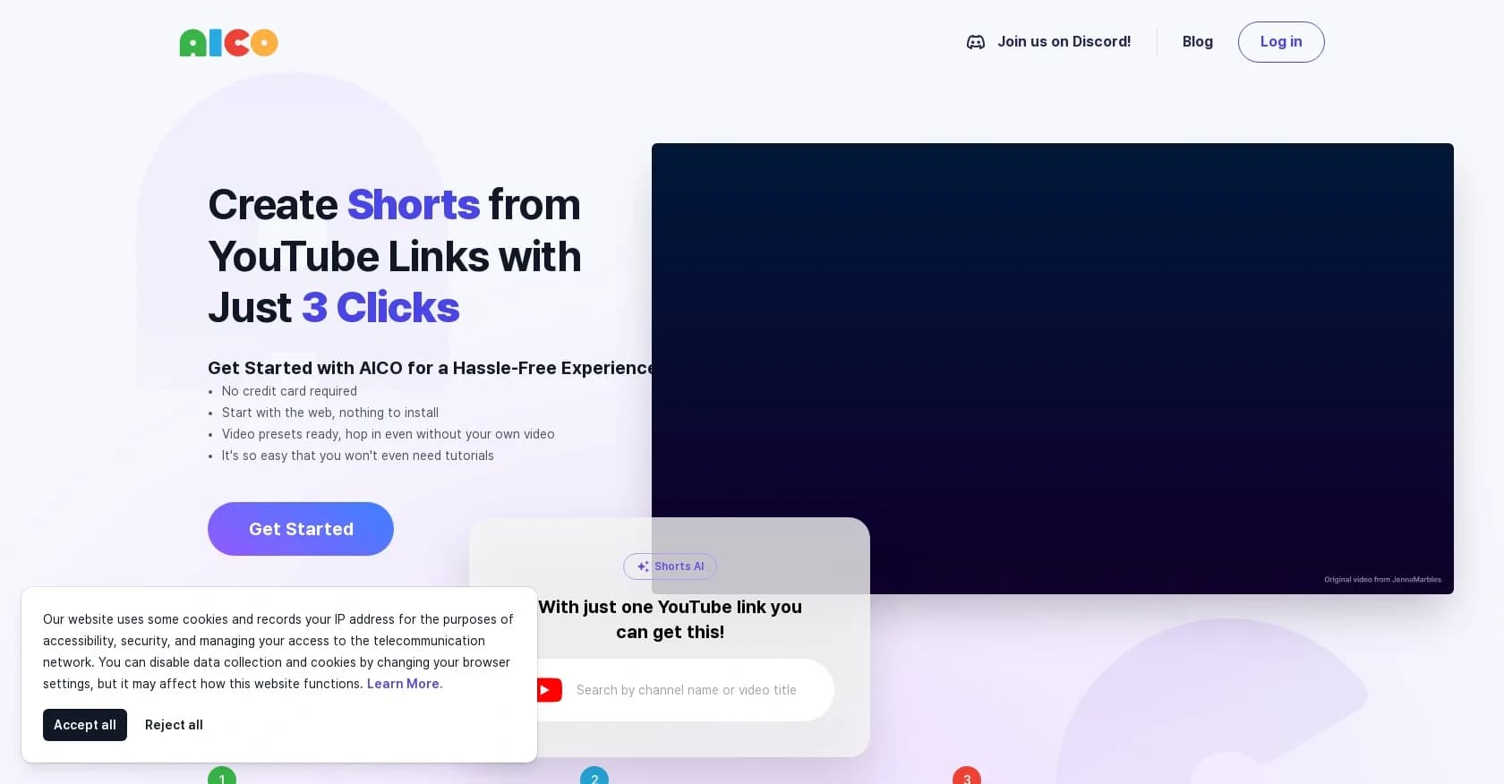 AICO homepage screenshot — Create shorts from YouTube links in 3 clicks