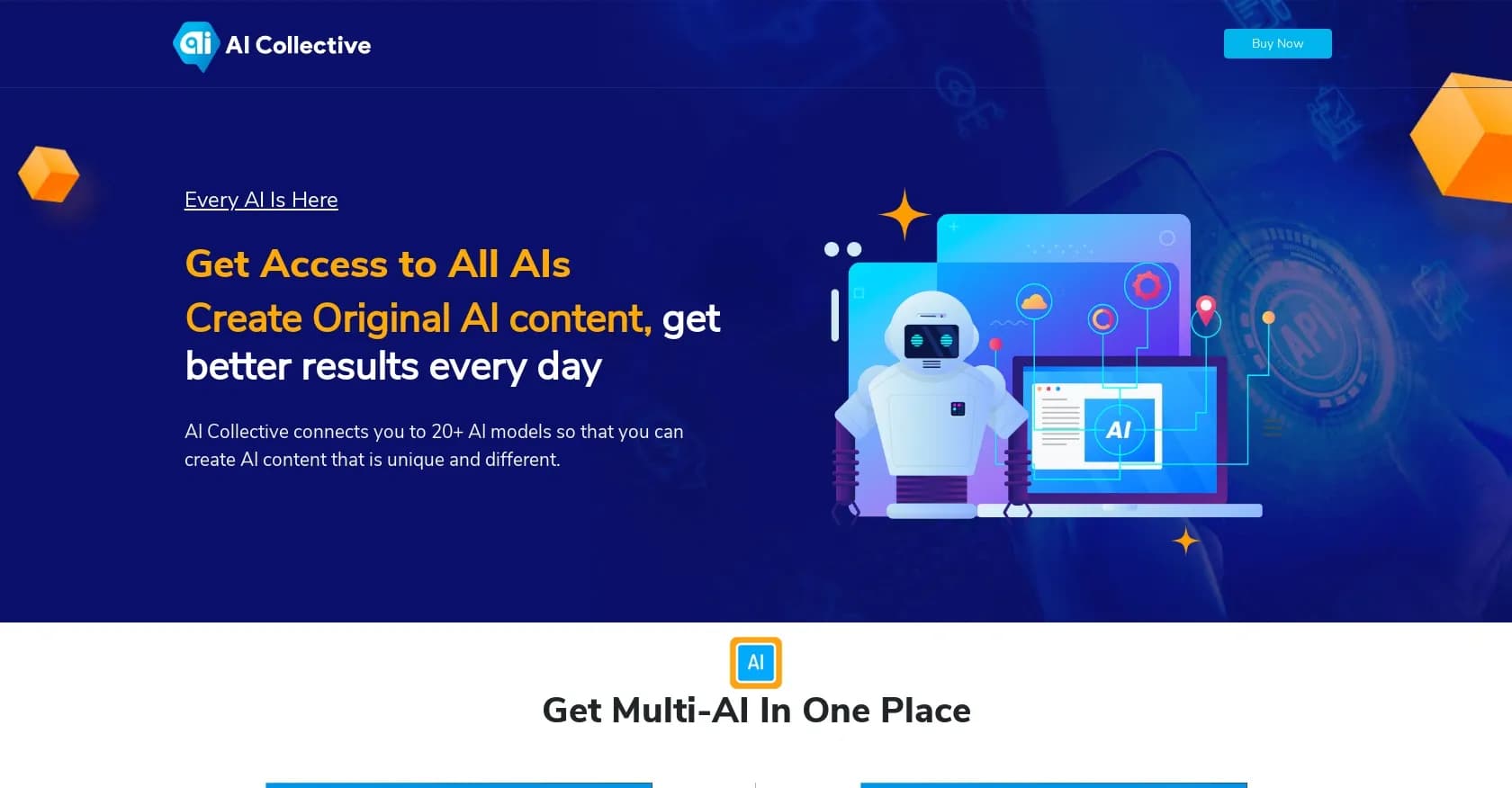 AICollective homepage screenshot — Connect to 20+ AI models for unique content creation