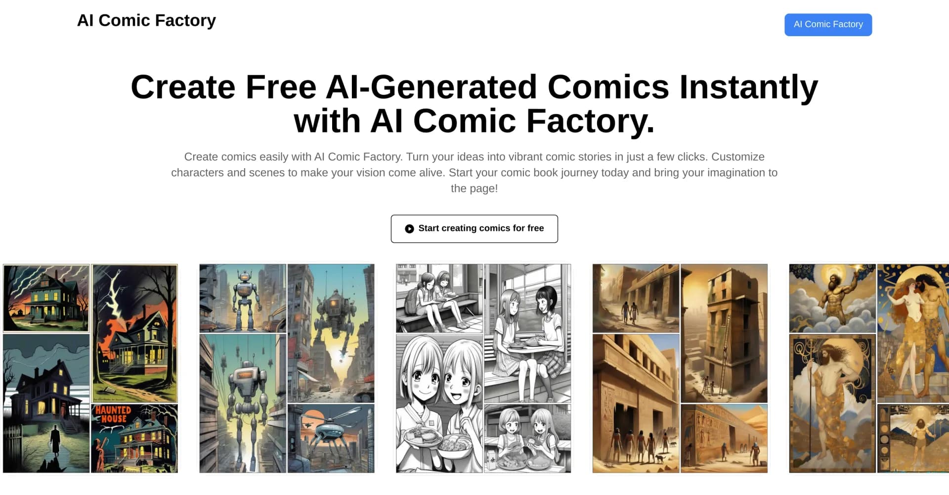 AIComicFactory.ai homepage screenshot — Create comics instantly from your ideas