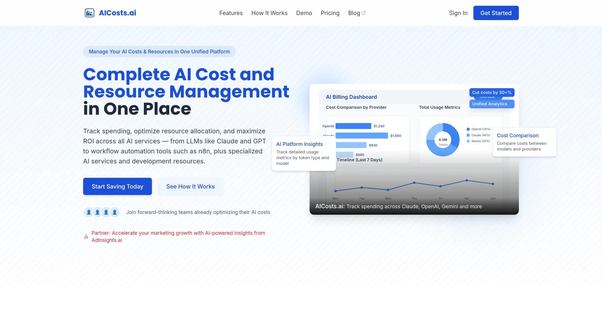 AICosts.ai homepage screenshot — Manage all your AI costs in one place
