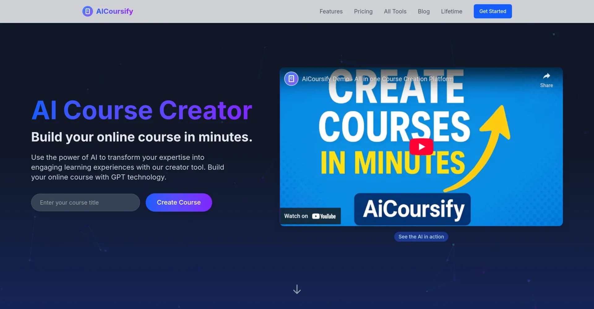 AiCoursifyv1.1 homepage screenshot — Build your online course in minutes with AI.